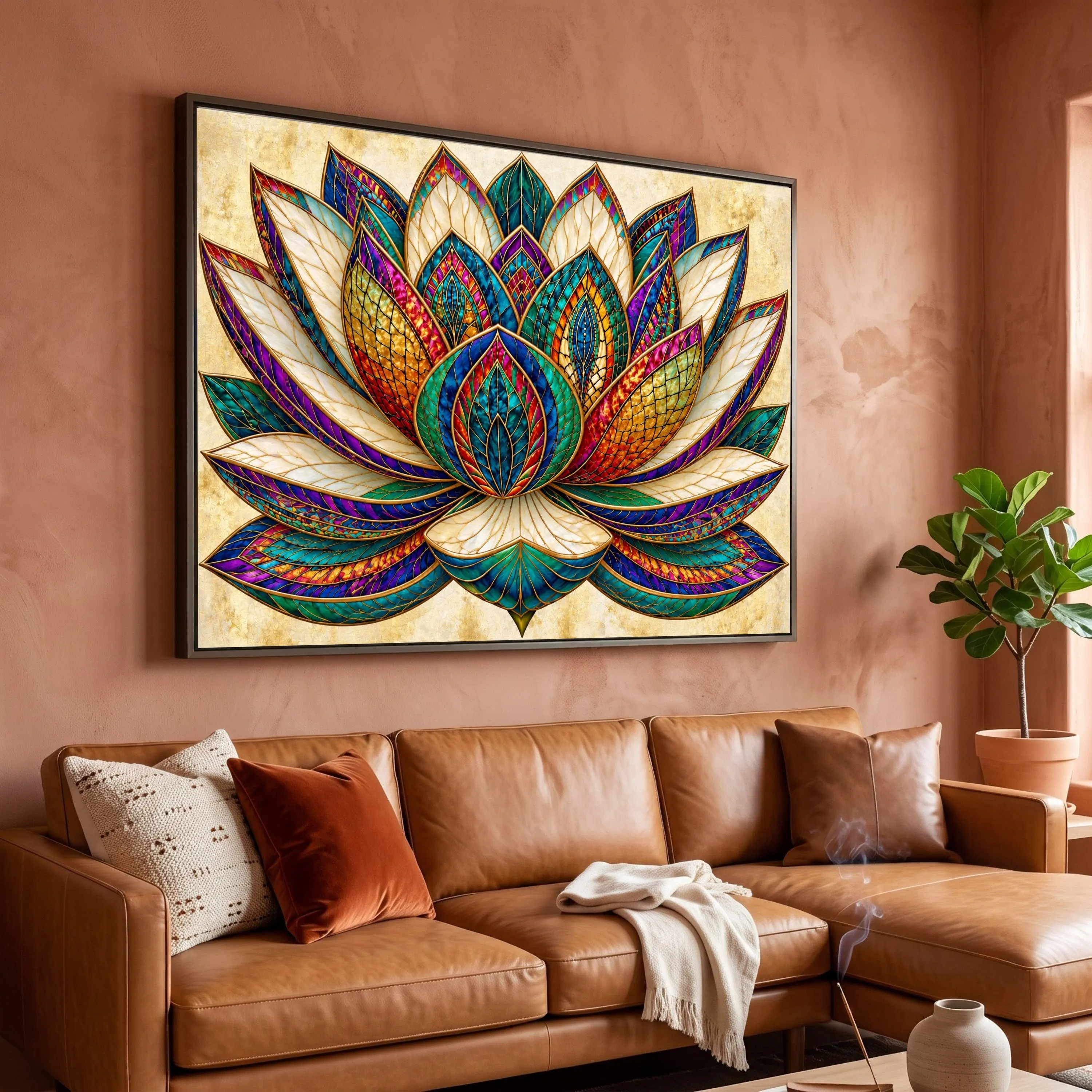 Stained Glass Lotus Flower Canvas, Abstract Floral Wall Art, Ready to Hang