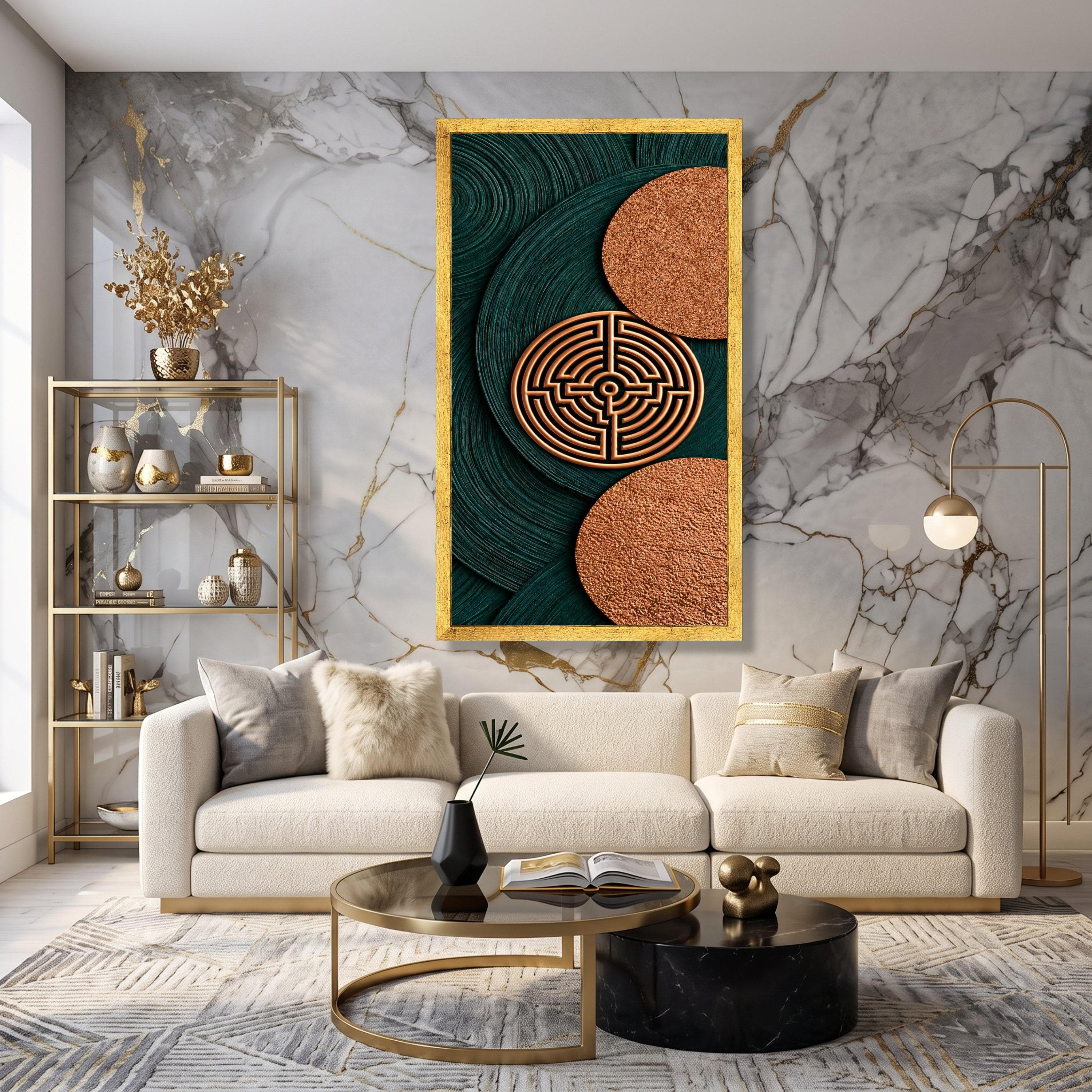Geometric Copper Circles Canvas Wall Art, Modern Abstract Labyrinth Design, Metallic Home Decor - image 5