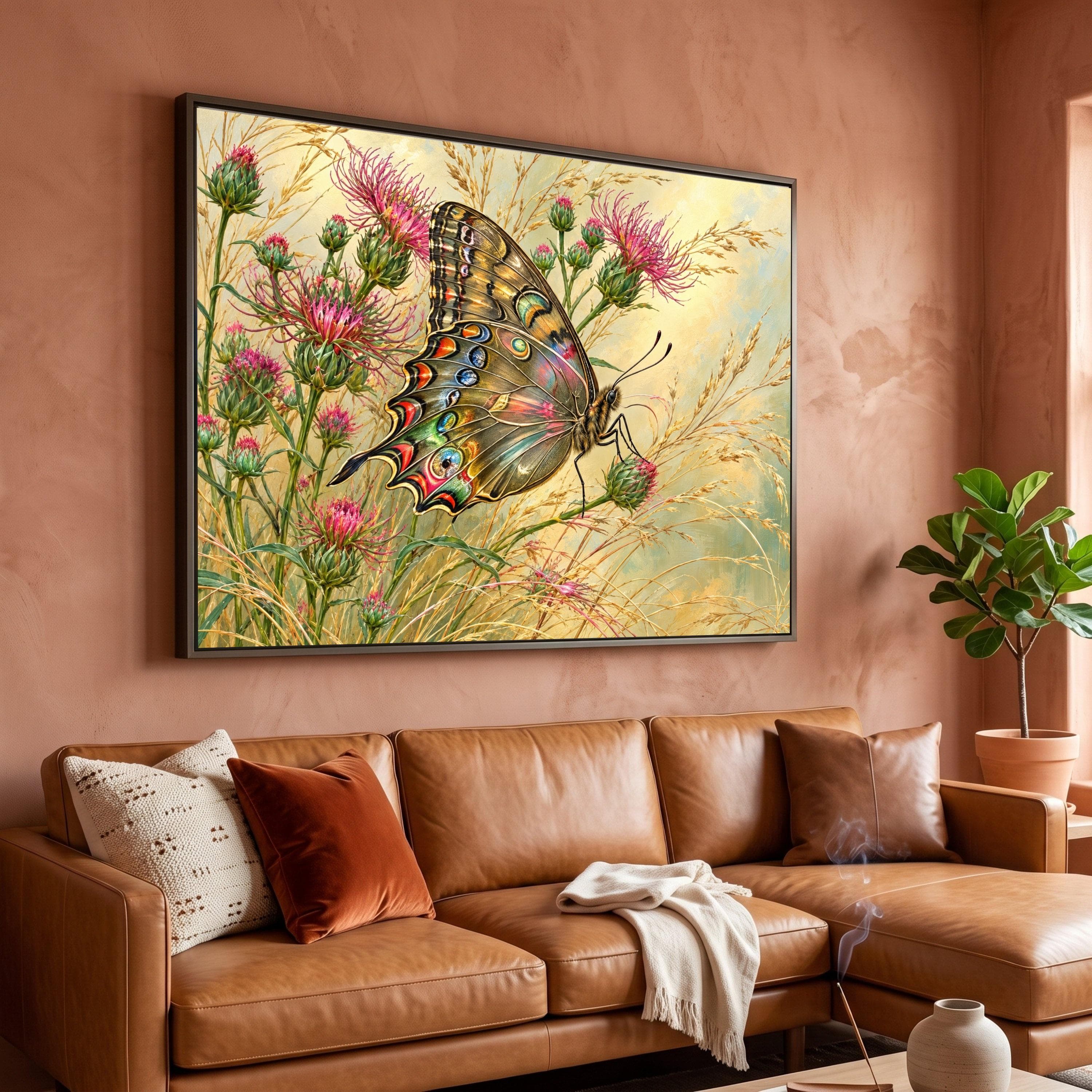 Butterfly on Thistle Flowers Canvas, Nature Wall Art, Floral Garden Scene