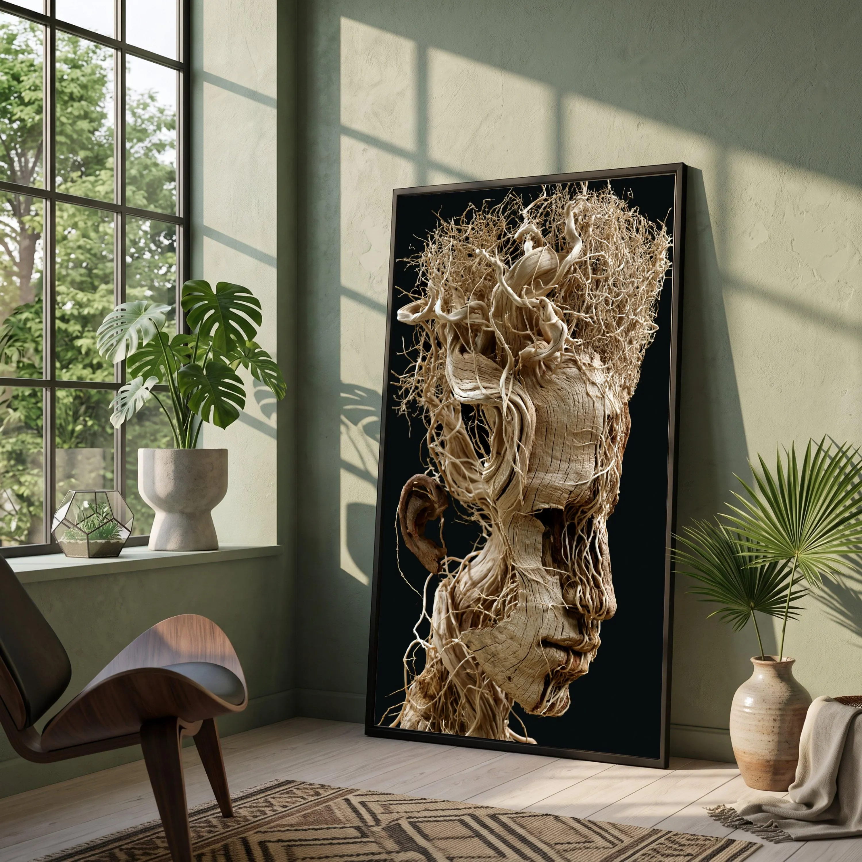 Abstract Human Head Canvas, Natural Wood Roots Art, Organic Wall Sculpture Print, Modern Home, Surreal Nature