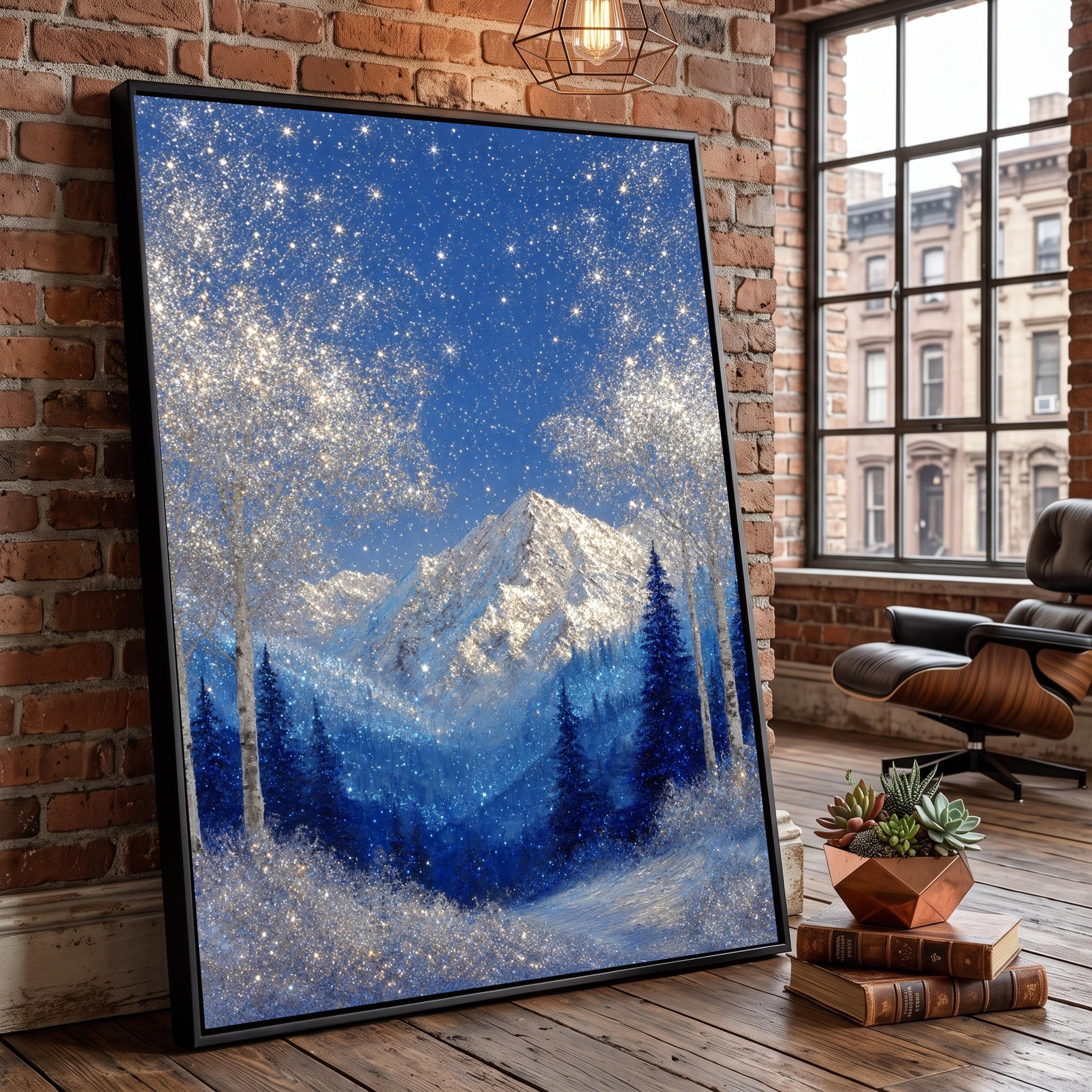 Sparkling Winter Mountain Canvas, Blue Snowy Forest Wall Art, Night Landscape (Ready to Hang)