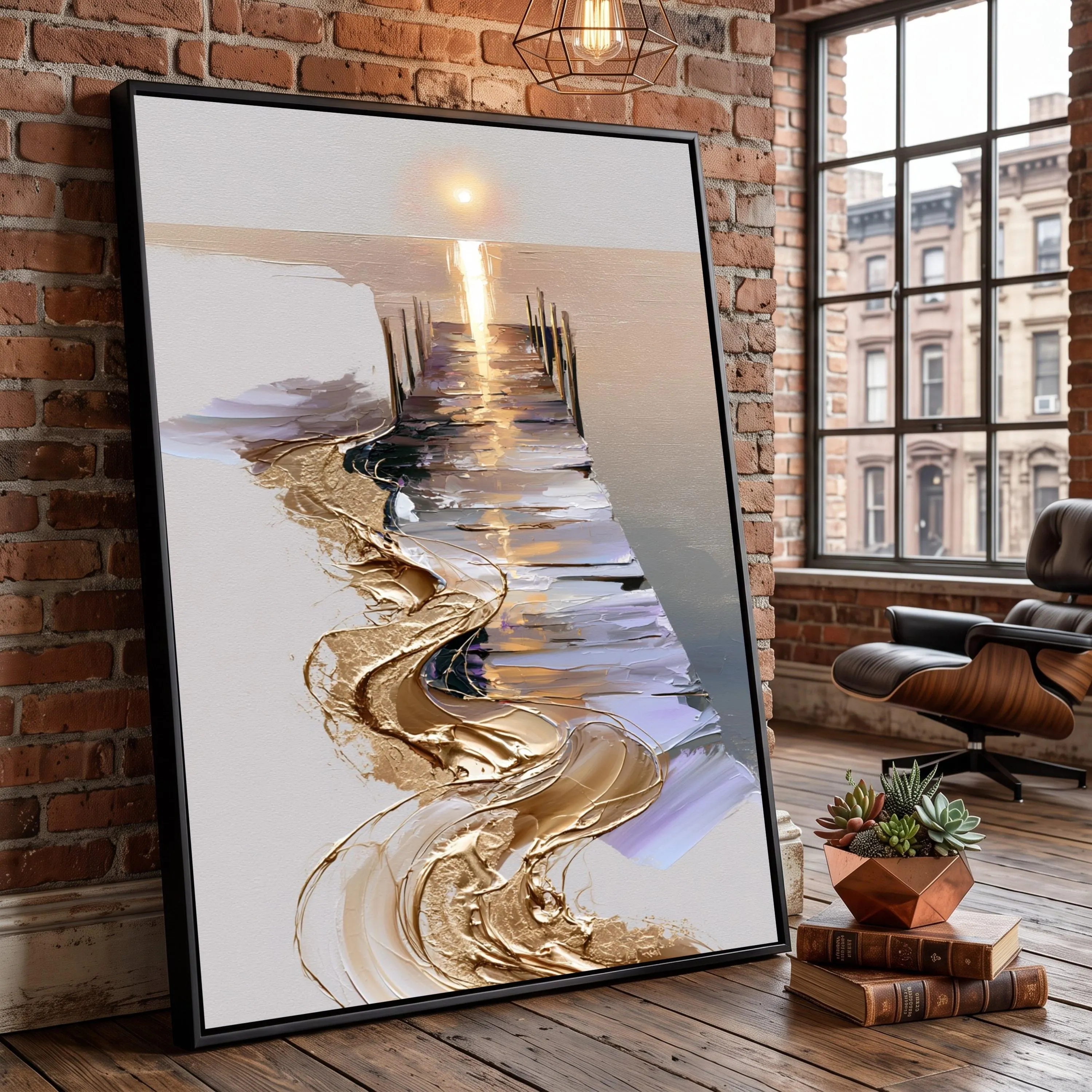 Tranquil Sunset Pier Canvas, Golden Light Reflection, Abstract Seaside Wall Art (Ready to Hang)