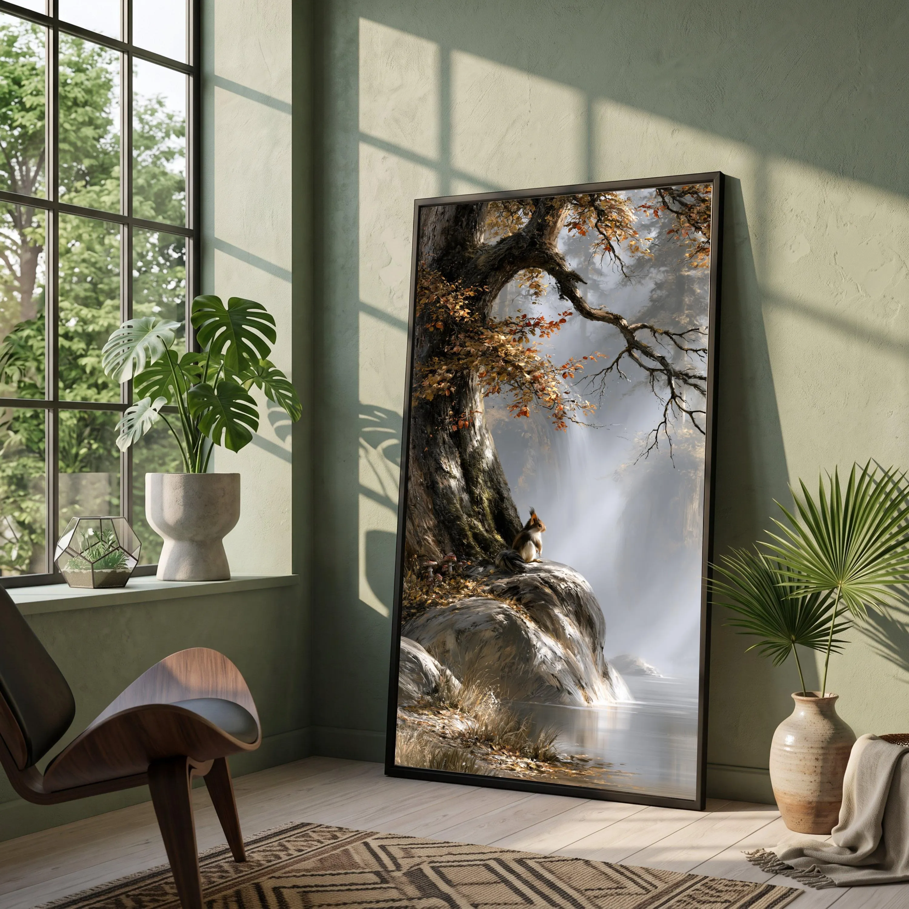Autumn Forest Squirrel Waterfall Canvas, Rustic Nature Wall Art (Ready to Hang)