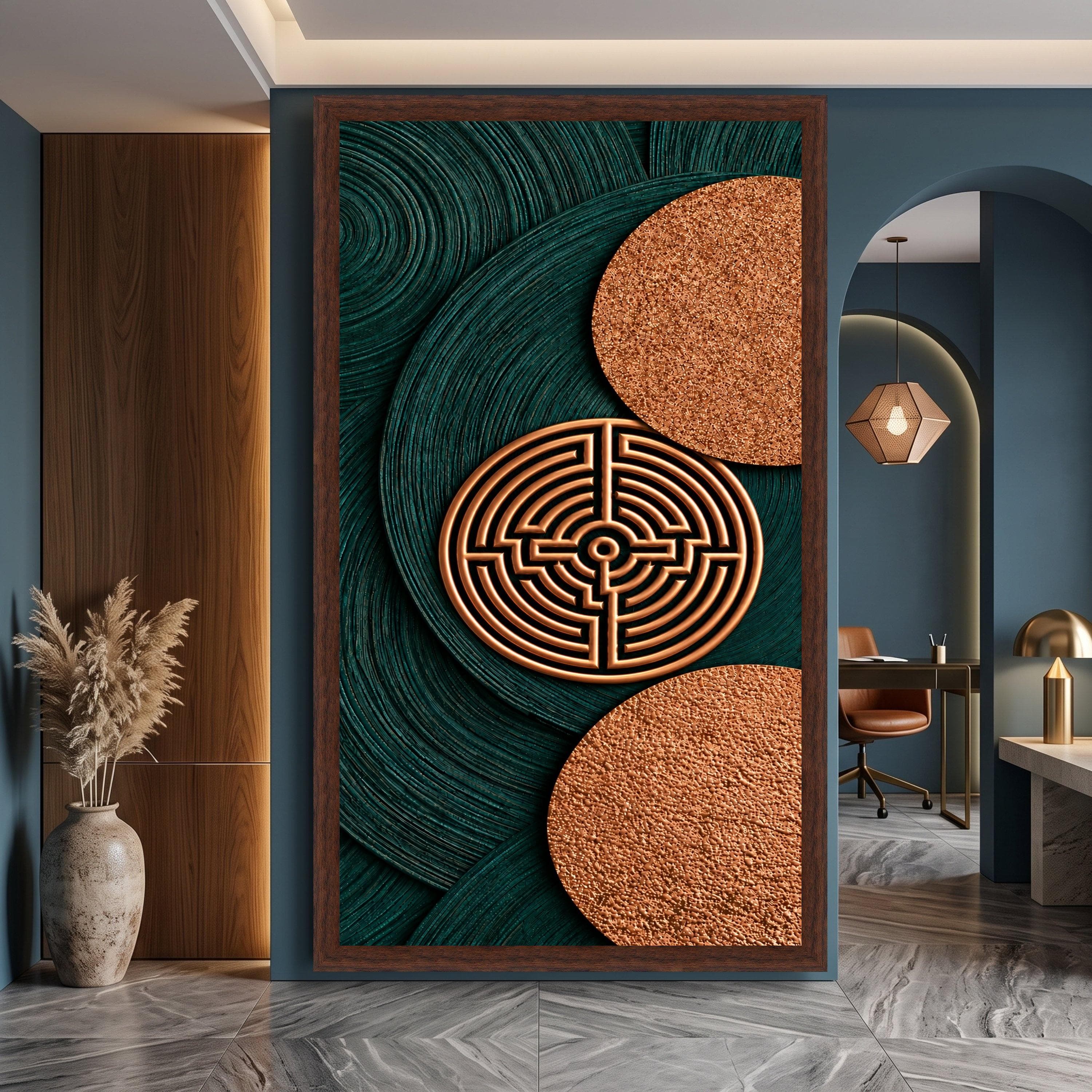 Geometric Copper Circles Canvas Wall Art, Modern Abstract Labyrinth Design, Metallic Home Decor - image 3