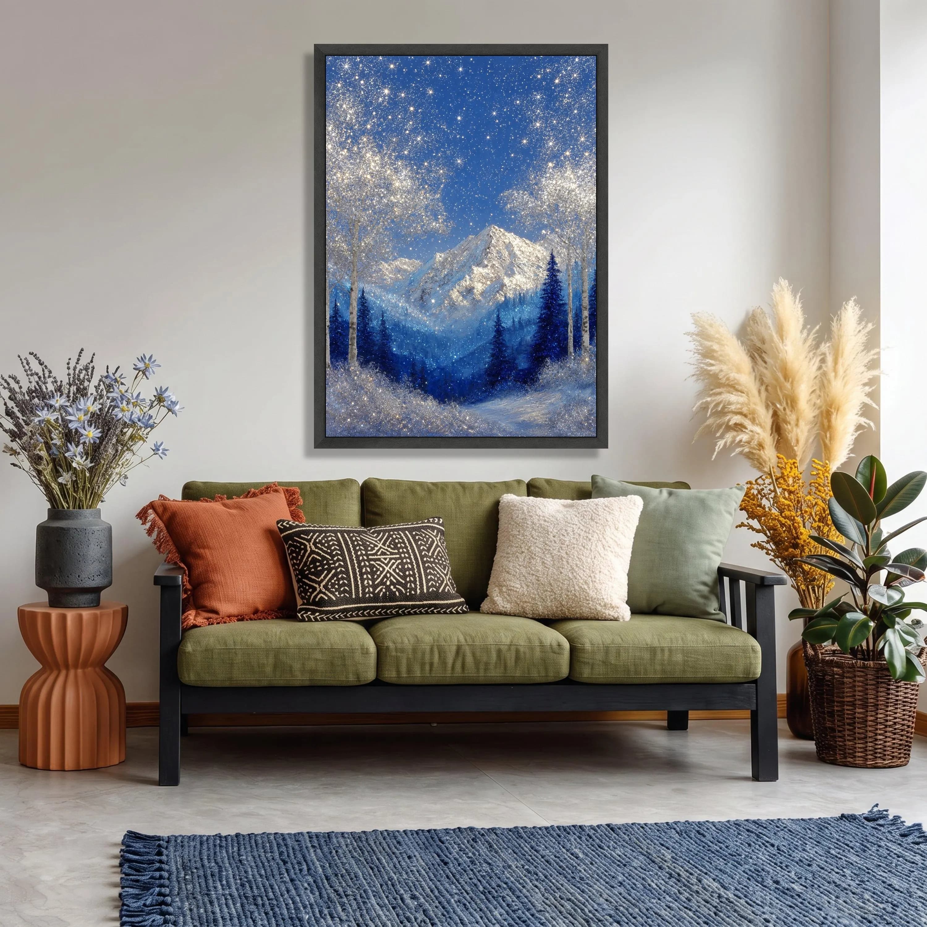 Sparkling Winter Mountain Canvas, Blue Snowy Forest Wall Art, Night Landscape (Ready to Hang) - image 3