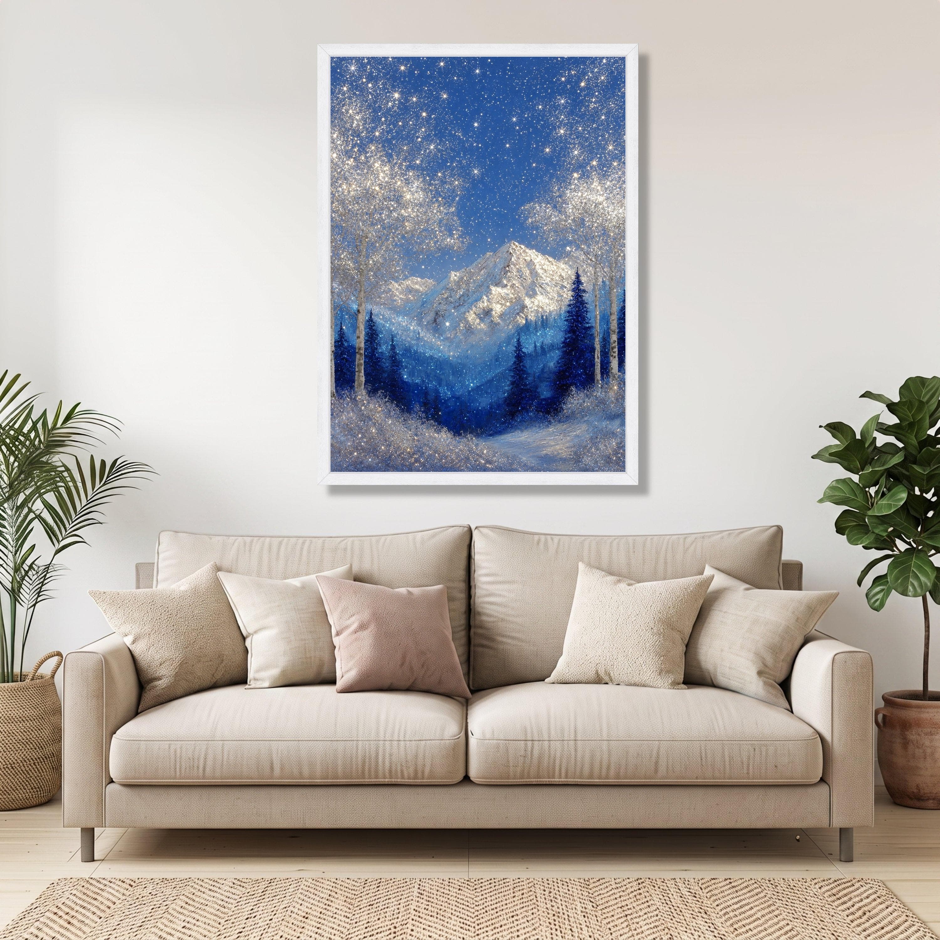 Sparkling Winter Mountain Canvas, Blue Snowy Forest Wall Art, Night Landscape (Ready to Hang) - image 4
