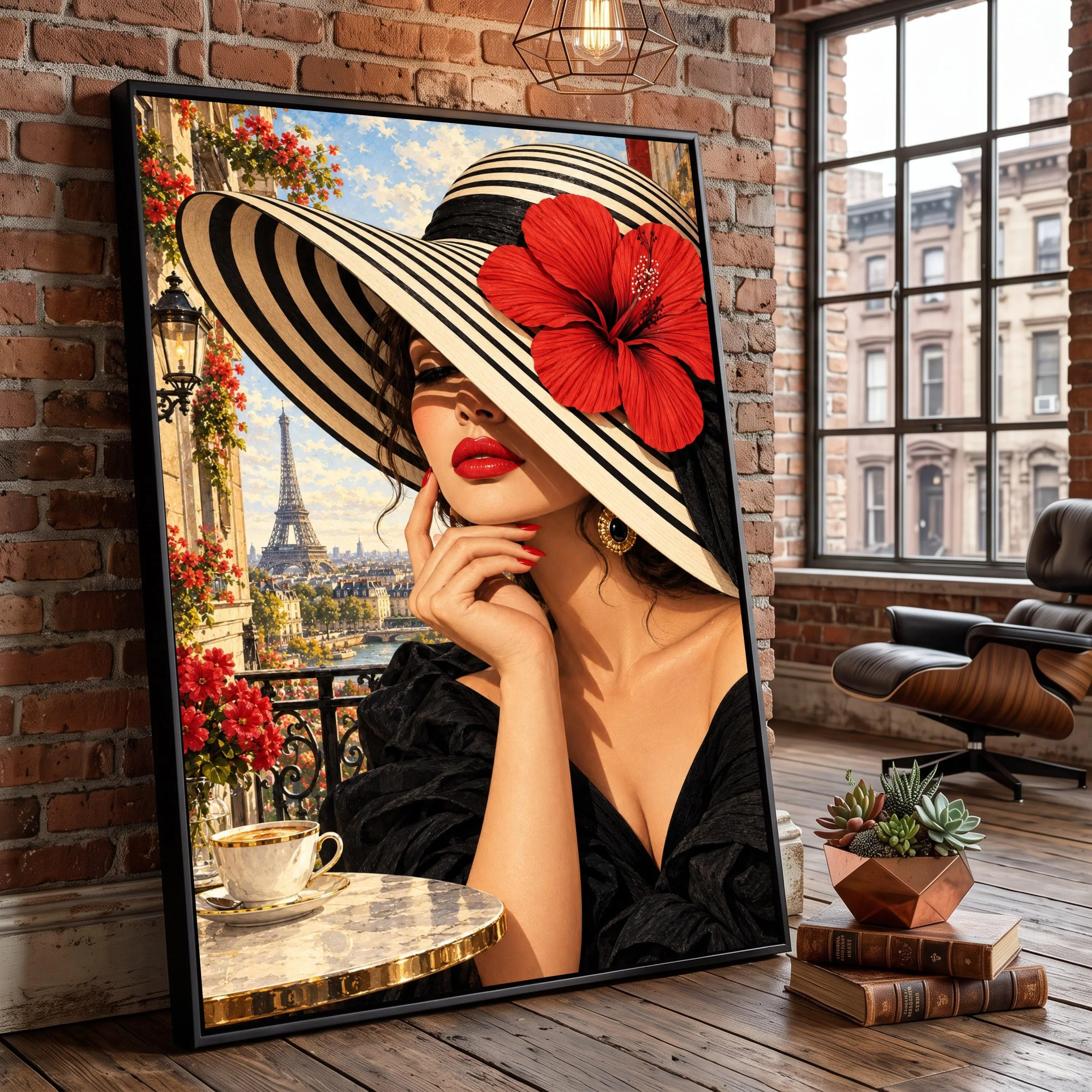 Paris Balcony Portrait, Striped Hat, Red Flower, Eiffel Tower View (Ready to Hang)
