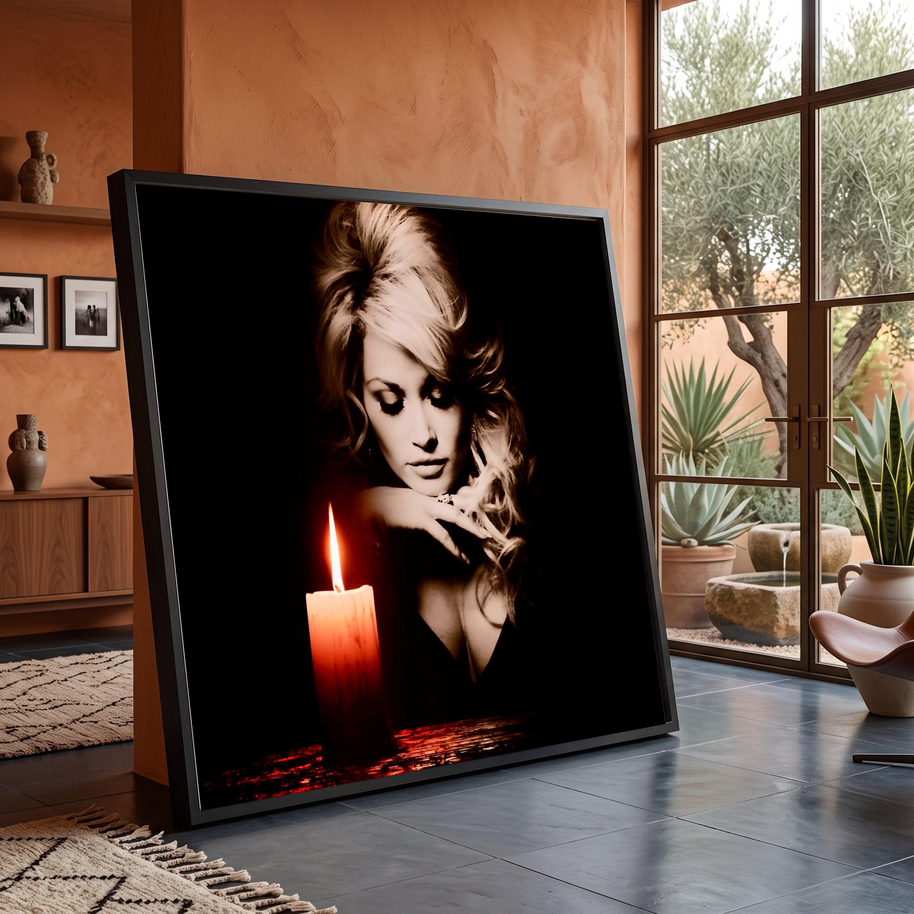 Dolly Parton Candlelight Portrait Canvas, Moody Black Background Wall Art