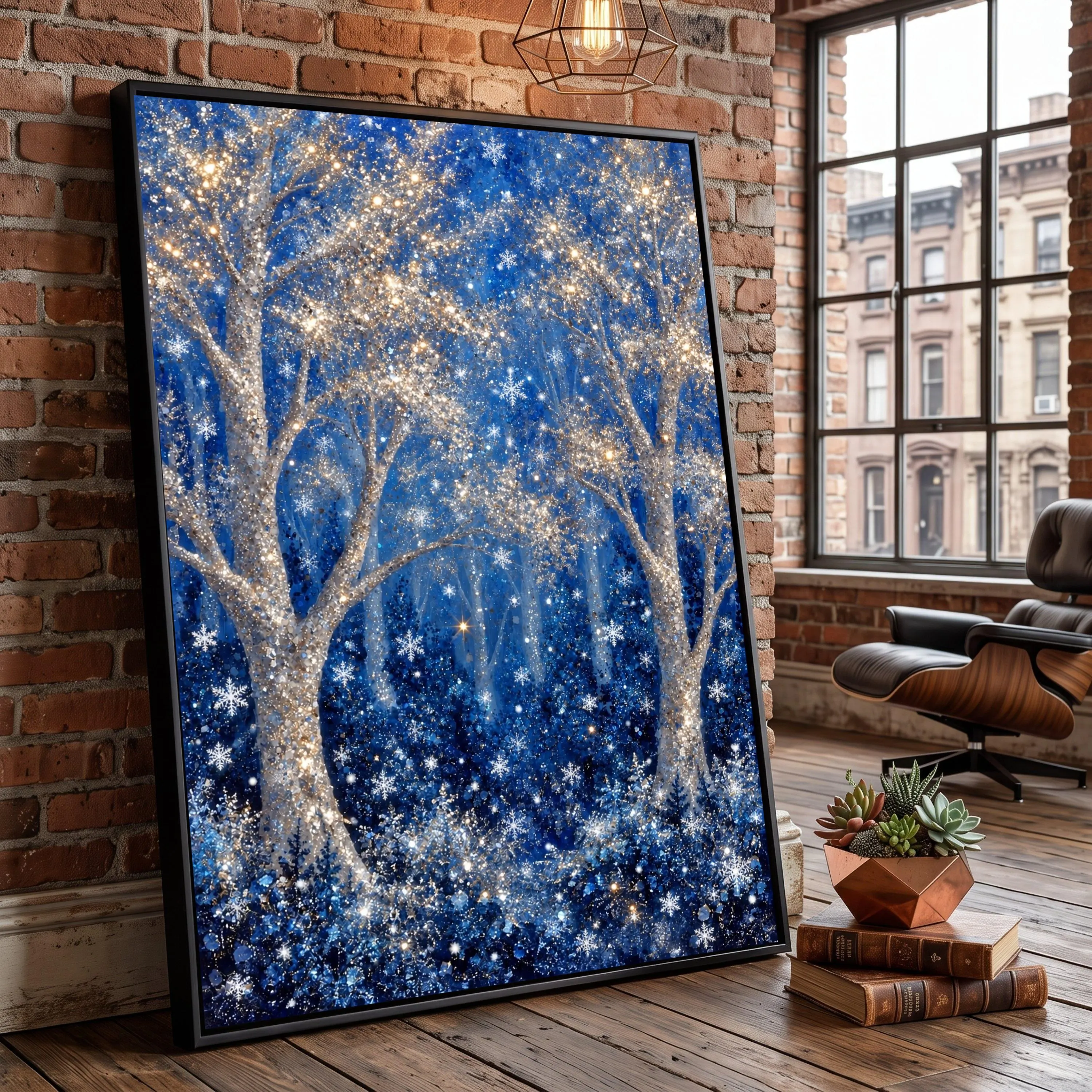 Magical Winter Forest Canvas, Glittering Snowflake Trees, Blue Night Landscape Art