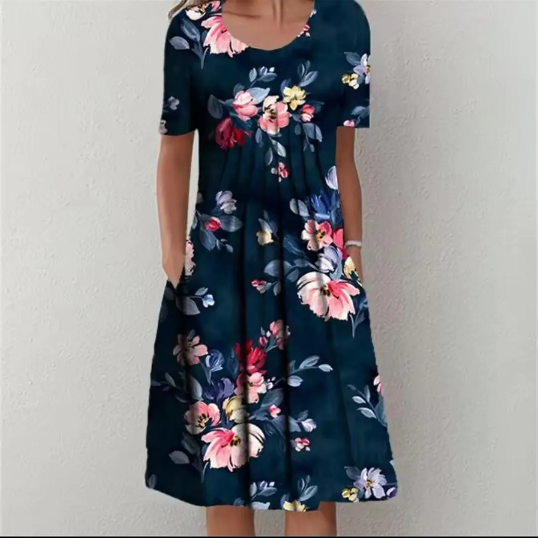 Floral Midi Dress, A-Line Silhouette, Short Sleeves, Side Pockets (Everyday Wear) - image 3