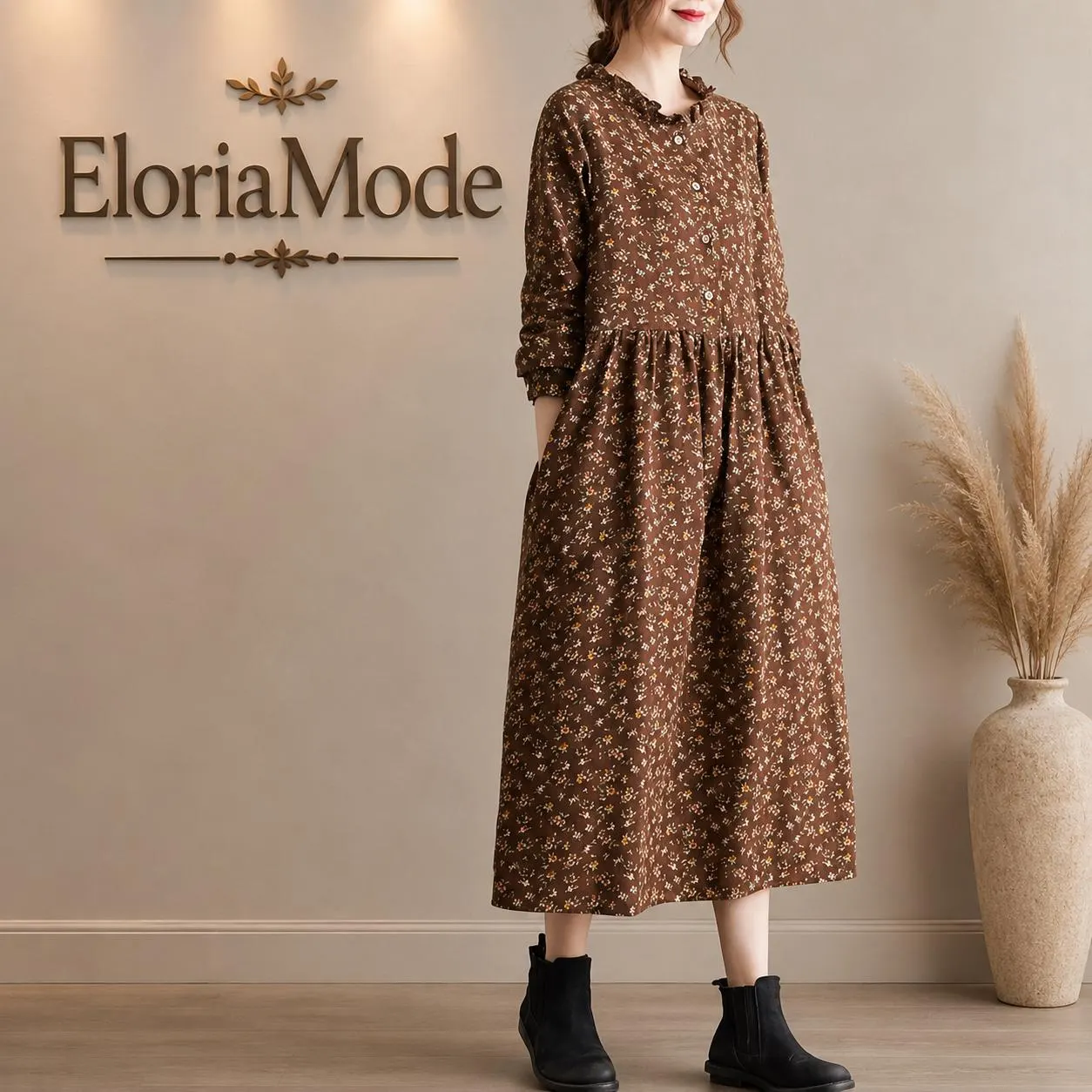 Floral Print Midi Dress, Ruffle Collar, Long Sleeve, Cottagecore Style