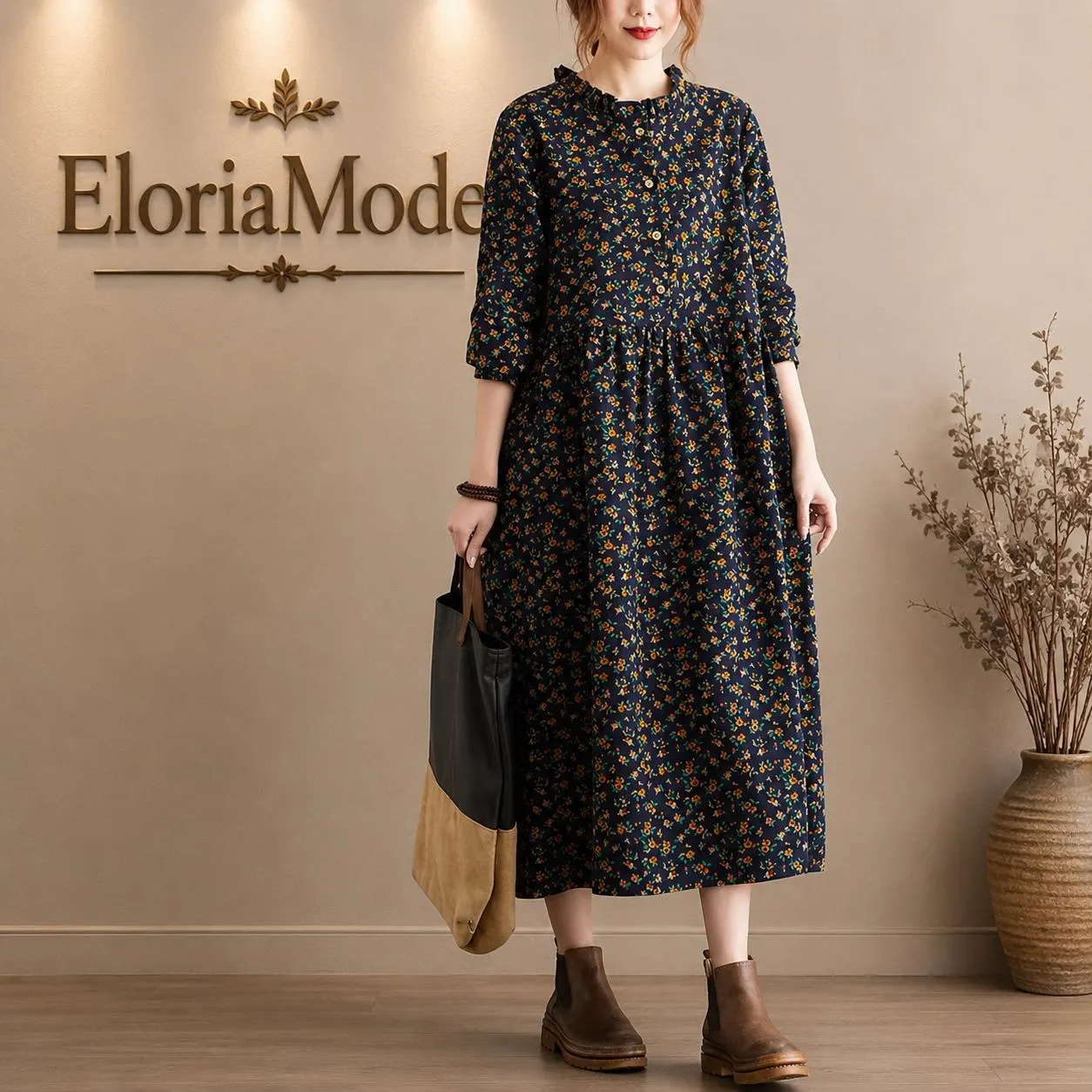 Floral Print Midi Dress, Ruffle Collar, Long Sleeve, Cottagecore Style - image 2
