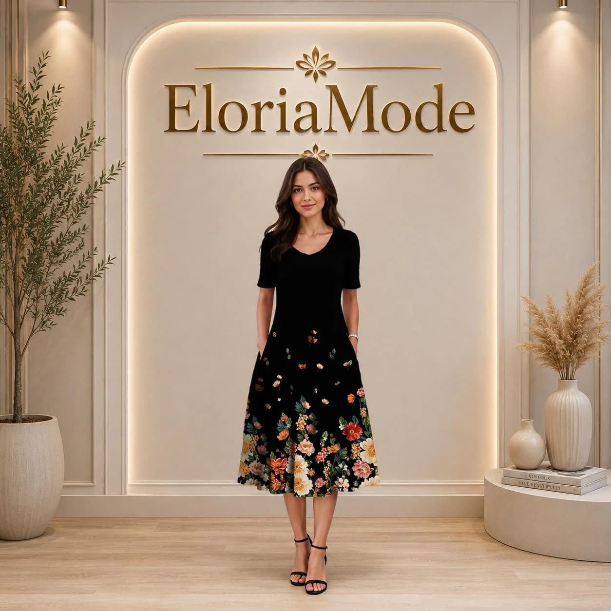 Floral Midi Dress, A-Line Silhouette, Short Sleeves, Side Pockets (Everyday Wear) - image 2