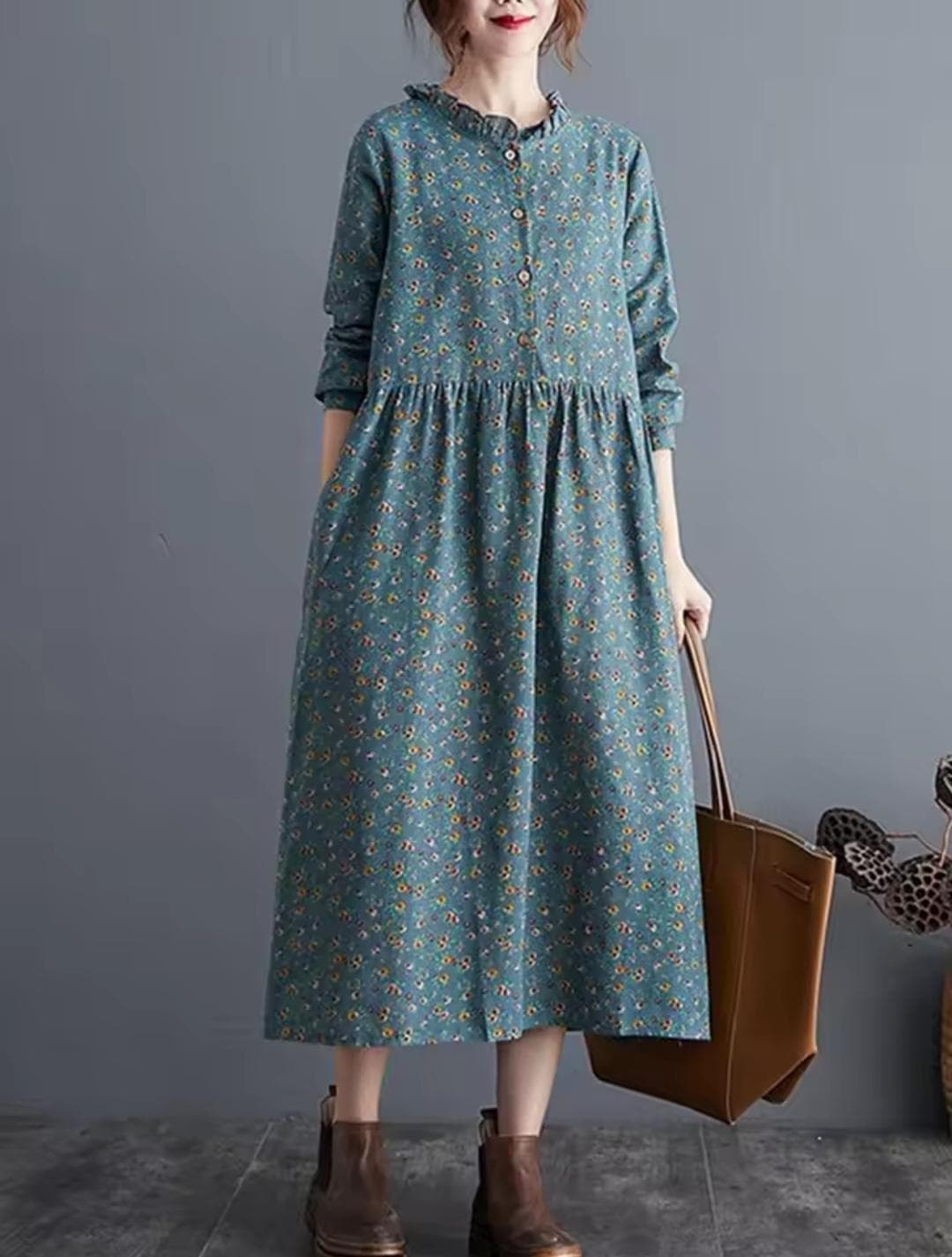 Floral Print Midi Dress, Ruffle Collar, Long Sleeve, Cottagecore Style - image 3