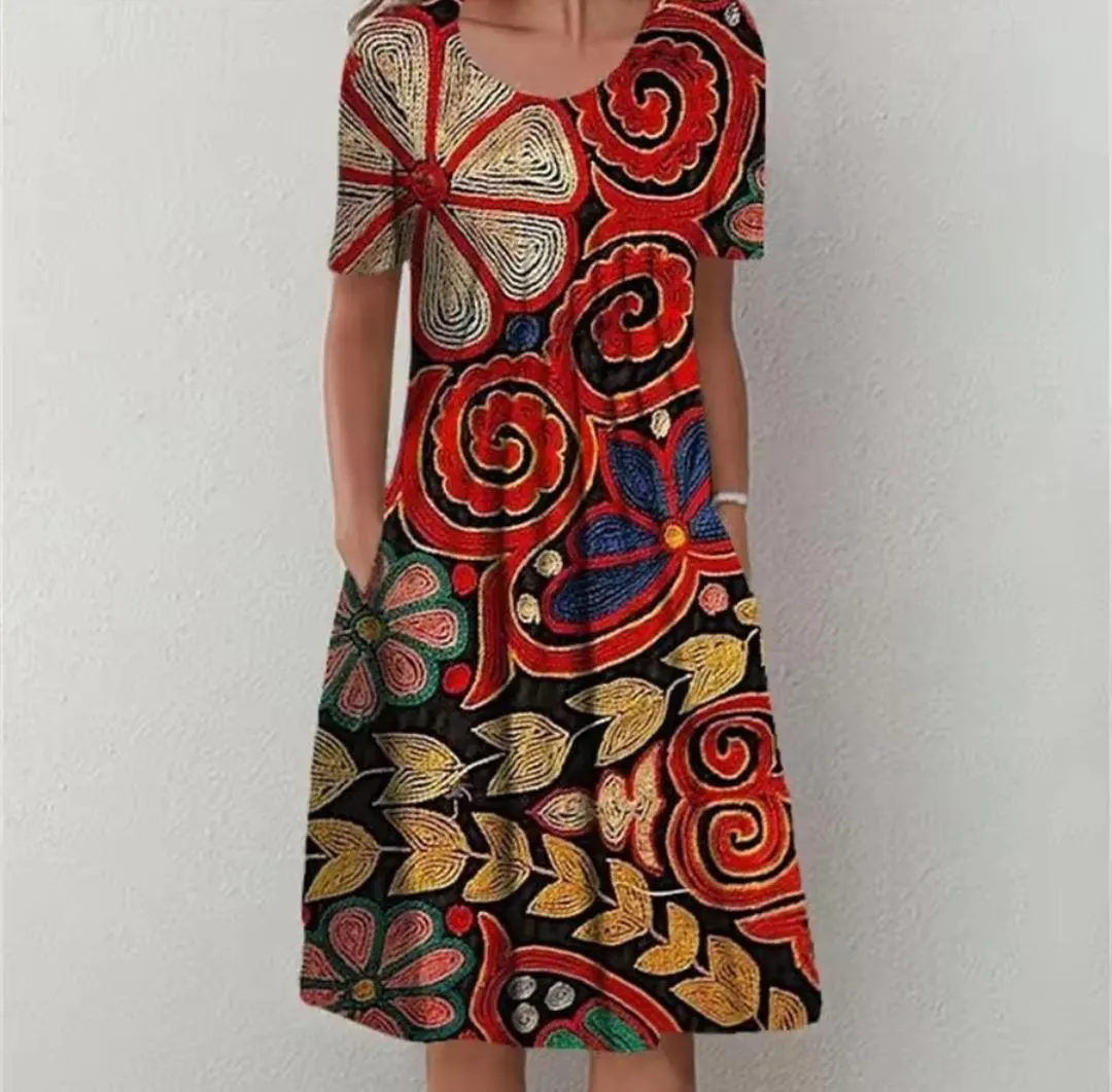 Floral Midi Dress, A-Line Silhouette, Short Sleeves, Side Pockets (Everyday Wear) - image 5