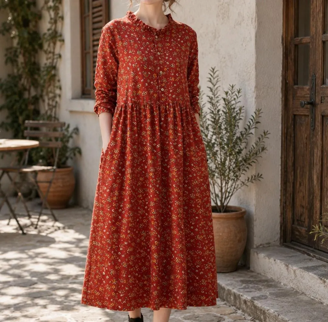 Floral Print Midi Dress, Ruffle Collar, Long Sleeve, Cottagecore Style - image 5