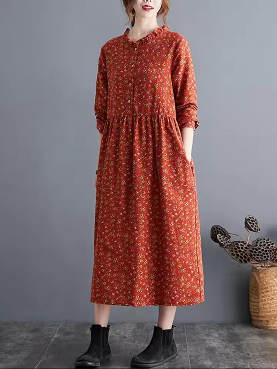 Floral Print Midi Dress, Ruffle Collar, Long Sleeve, Cottagecore Style - image 4