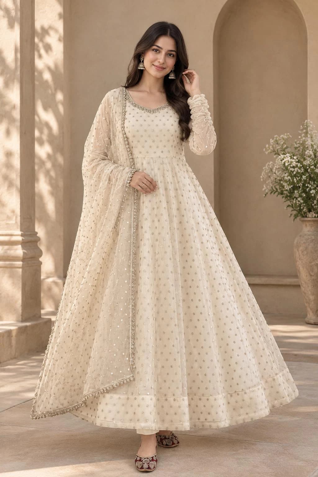 Ivory Anarkali Suit Set with Dupatta, Indian Wedding Wear, Silk Chikankari Embroidered Gown, Ethnic Pakistani Dress, Festive Salwar Kameez
