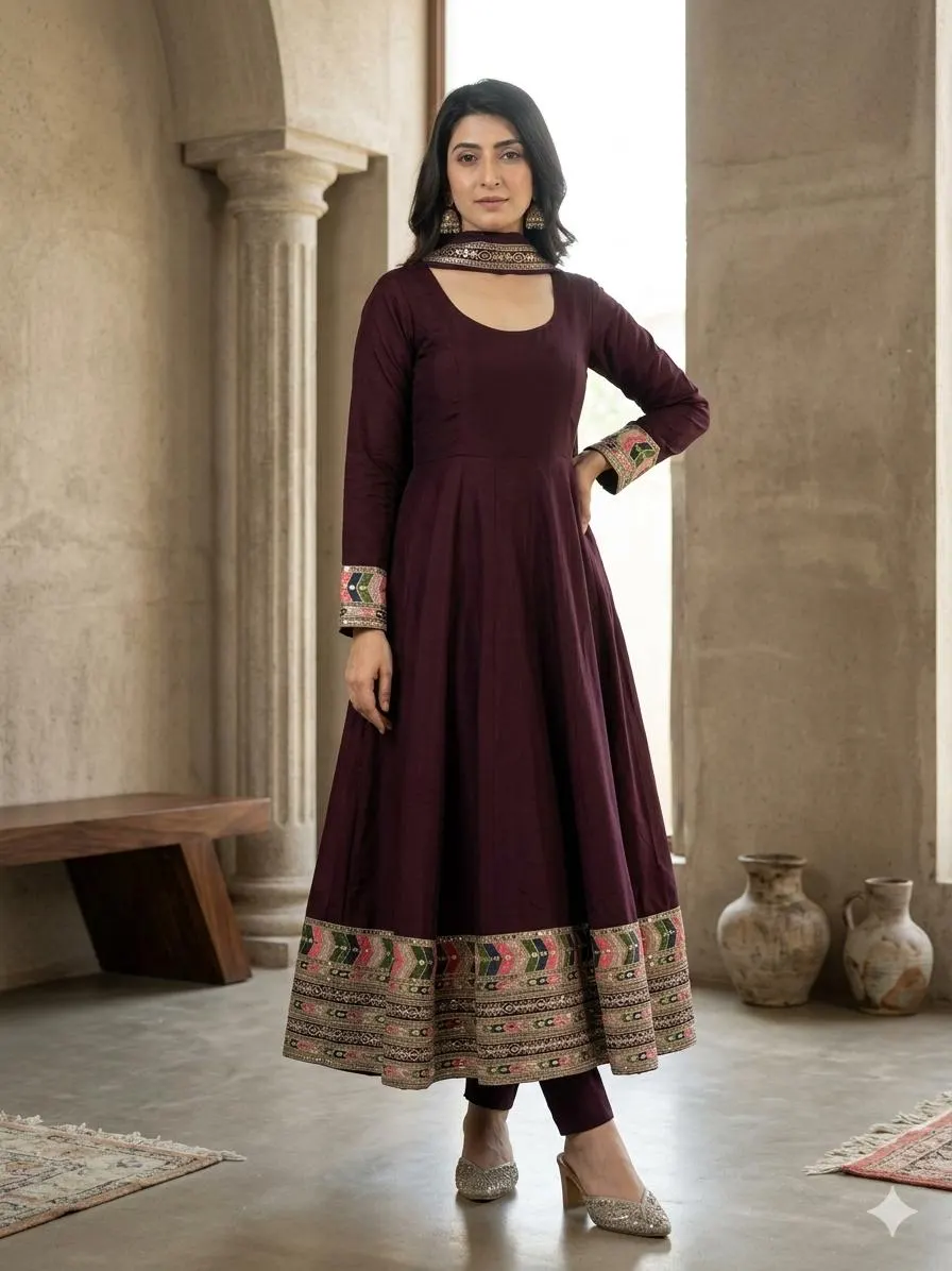 Maroon Anarkali Dress with Dupatta, Embroidered Indian Dress, Maroon Ethnic Outfit, Long Sleeve Wedding Guest Party Wear