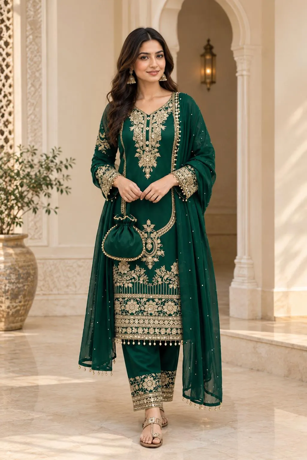Emerald Green Salwar Kameez with Gold Embroidery, Pakistani Suit for Women, Indian Wedding Guest Dress, Festive Punjabi Suit Set