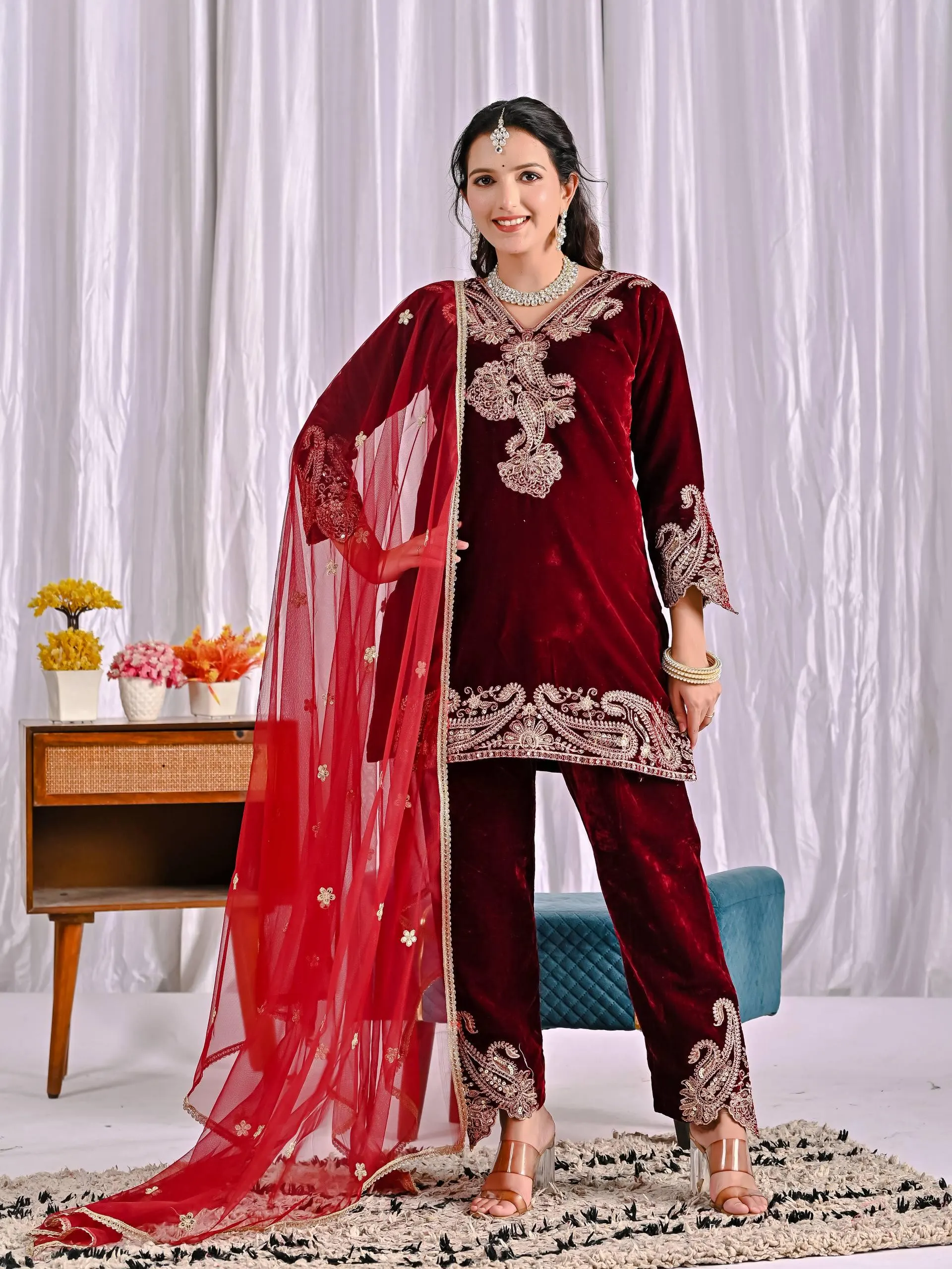 Maroon Velvet Pant Top Dupatta Set, Elegant 3 Piece Indian Ethnic Outfit, Embroidered Pakistani Party Wear, Traditional Wedding Guest Dress