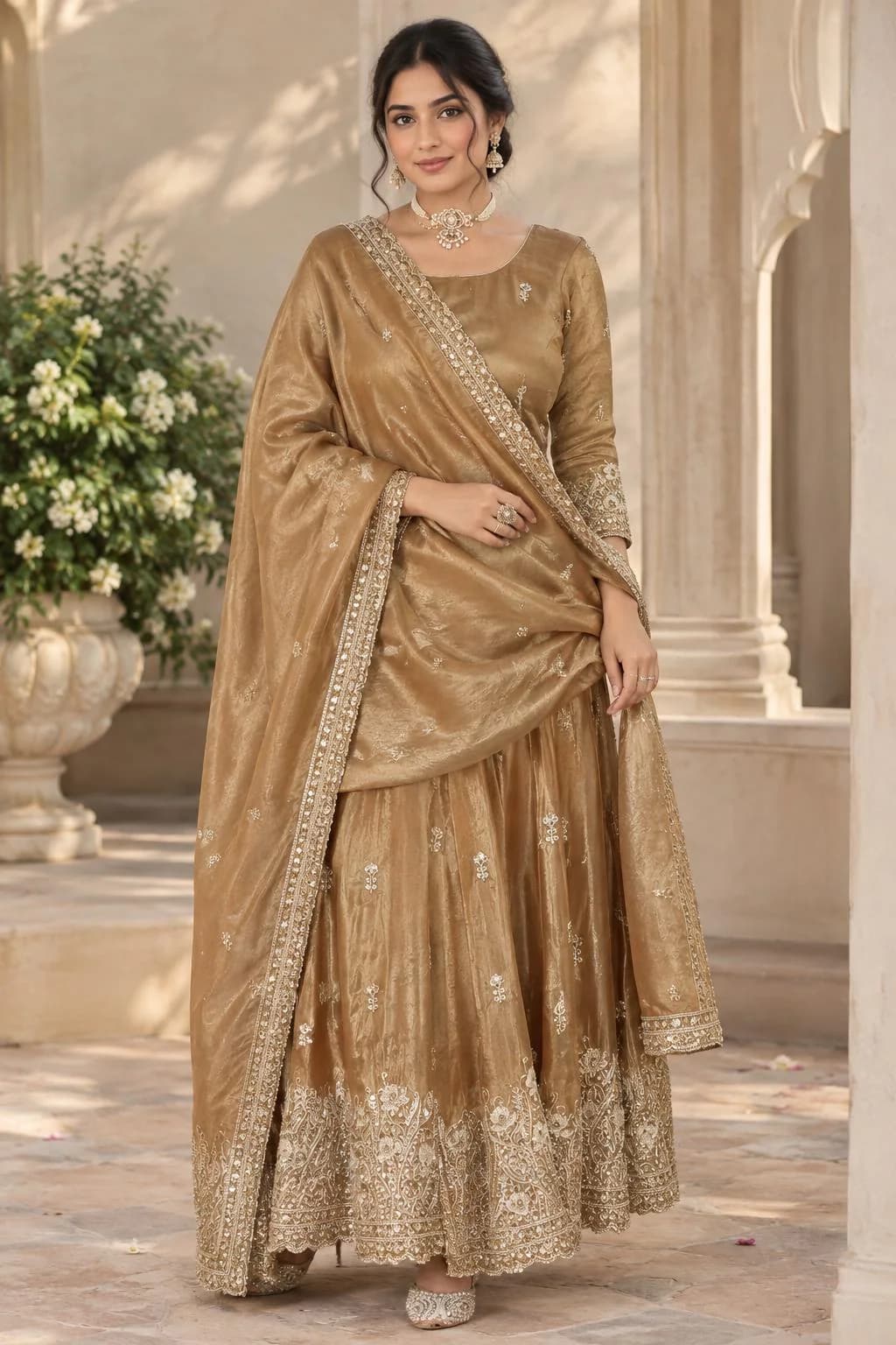 Golden Anarkali Suit, Silk Salwar Kameez, Indian Wedding Dress, Heavy Embroidered Festival Gown, Traditional Kurta Set with Tissue Dupatta