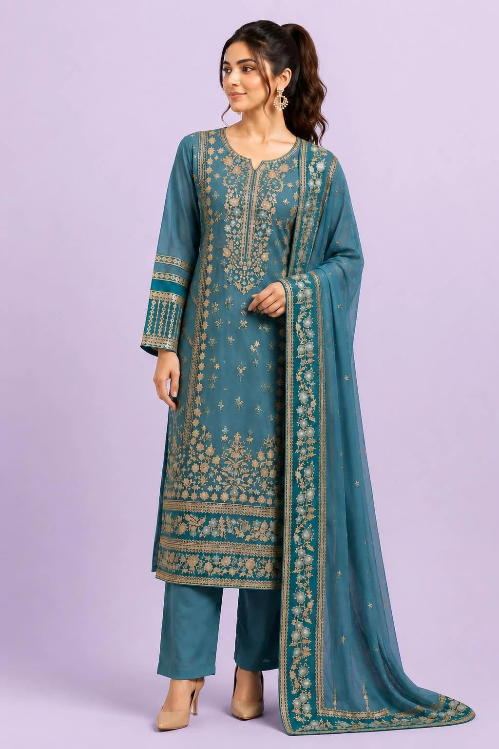 Teal Blue Embroidered Salwar Kameez with Dupatta | Gold Floral Indian Wedding Guest Suit | Traditional Festive Party Wear for Women