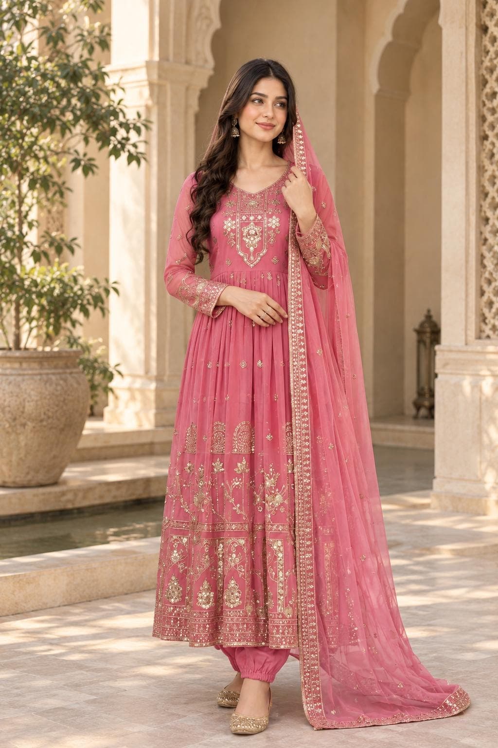 Onion Pink Georgette Anarkali Suit with Dupatta, Embroidered Indian Wedding Dress, Pakistani Party Wear Gown, Flared Salwar Kameez for Women