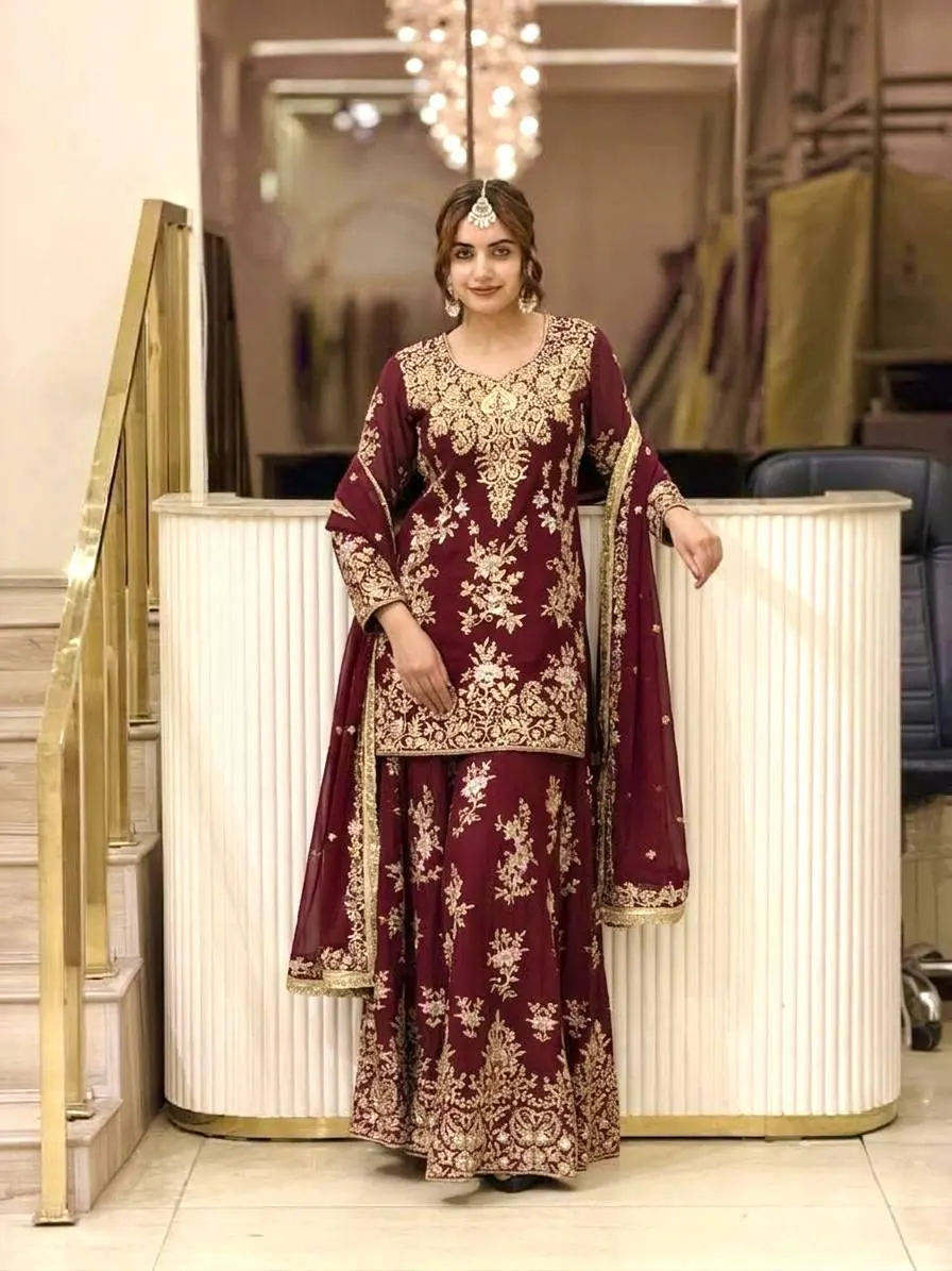 Maroon Sharara Suit for Wedding, Georgette Embroidered Kurta Set, Indian Bridal Wear, Pakistani Party Dress, Zari Work Ethnic Outfit - image 3