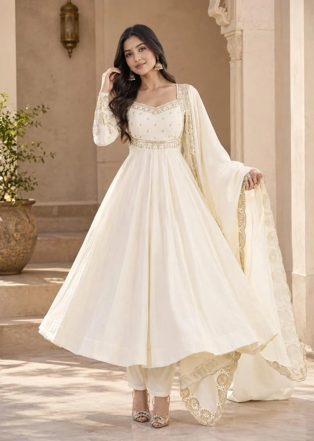 Ivory Anarkali Gown for Women, Embroidered Indian Dress with Dupatta, Wedding Guest Dress, Ethnic Party Wear, Festive Anarkali Suit