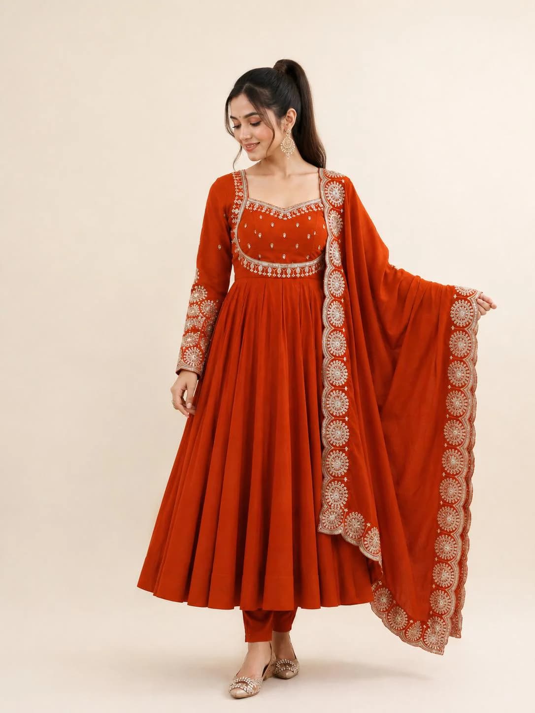 Rust Orange Anarkali Suit for Women, Embroidered 3 Piece Kurta Pant Dupatta Set, Pakistani Wedding Dress, Indian Festive Party Wear