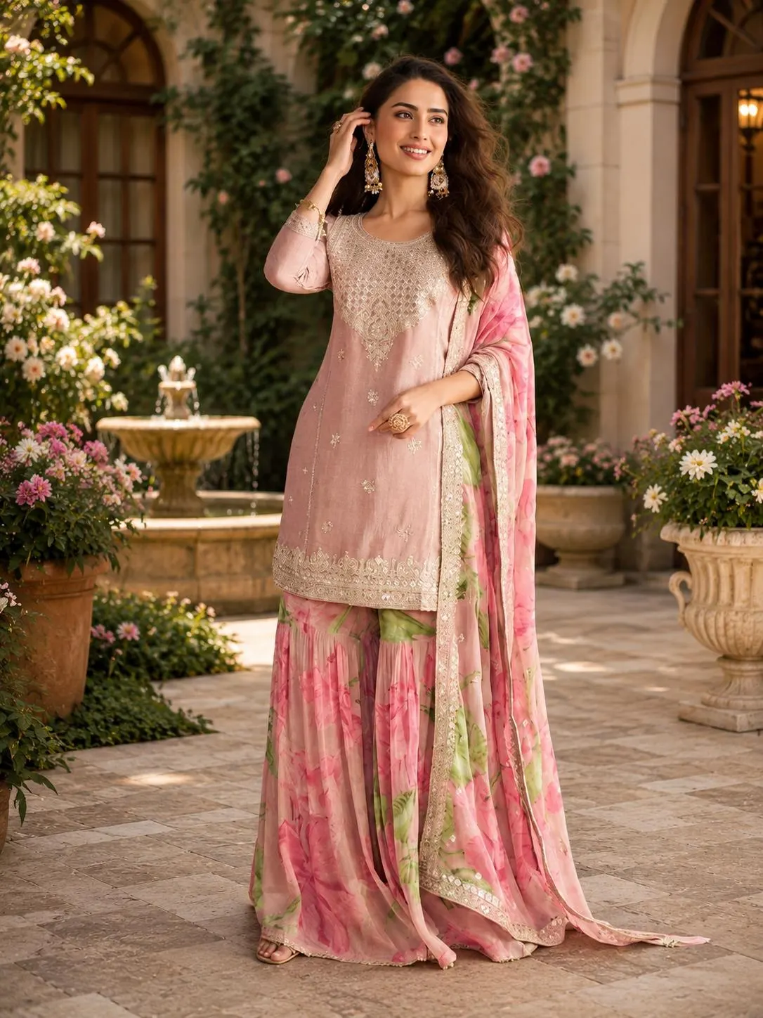 Pink Floral Sharara, Embroidered Sharara Suit Set with Dupatta, Pastel Pakistani Wedding Guest Outfit, Festive Ethnic Dress for Women