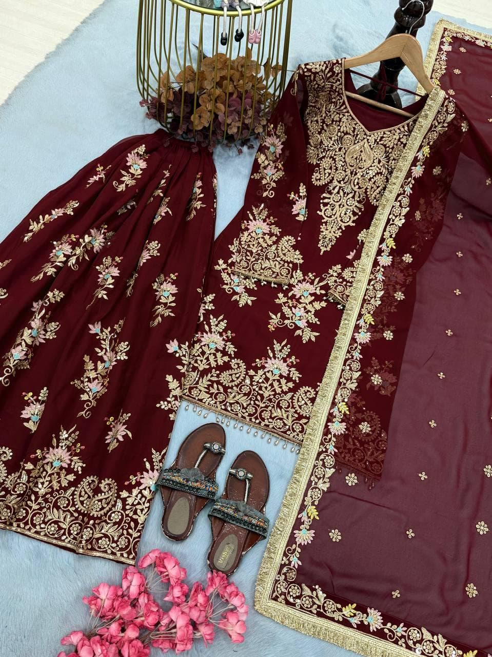 Maroon Sharara Suit for Wedding, Georgette Embroidered Kurta Set, Indian Bridal Wear, Pakistani Party Dress, Zari Work Ethnic Outfit - image 5