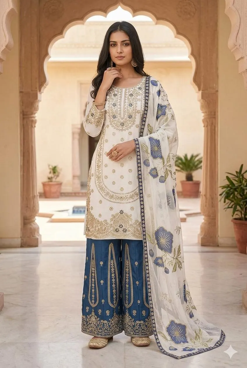 Off White and Blue Embroidered Pakistani Suit, Georgette Salwar Kameez, Indian Festive Wear, Palazzo Suit with Dupatta, Ethnic Wedding Dress