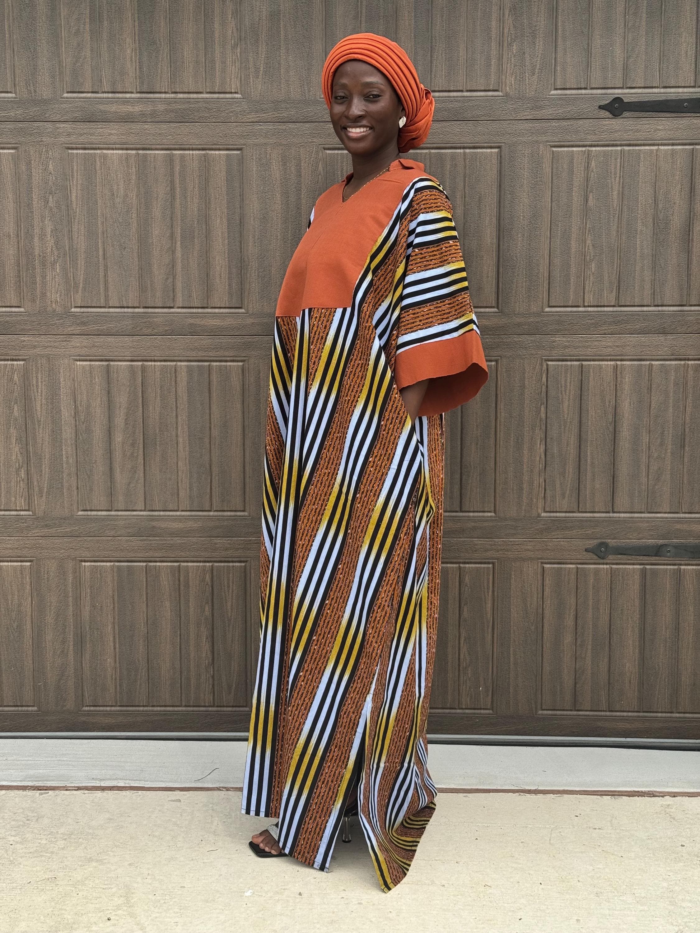 Ankara Bubu Dress with Aso Oke | Orange African Print Maxi Kaftan, Handmade Nigerian Gown - image 4