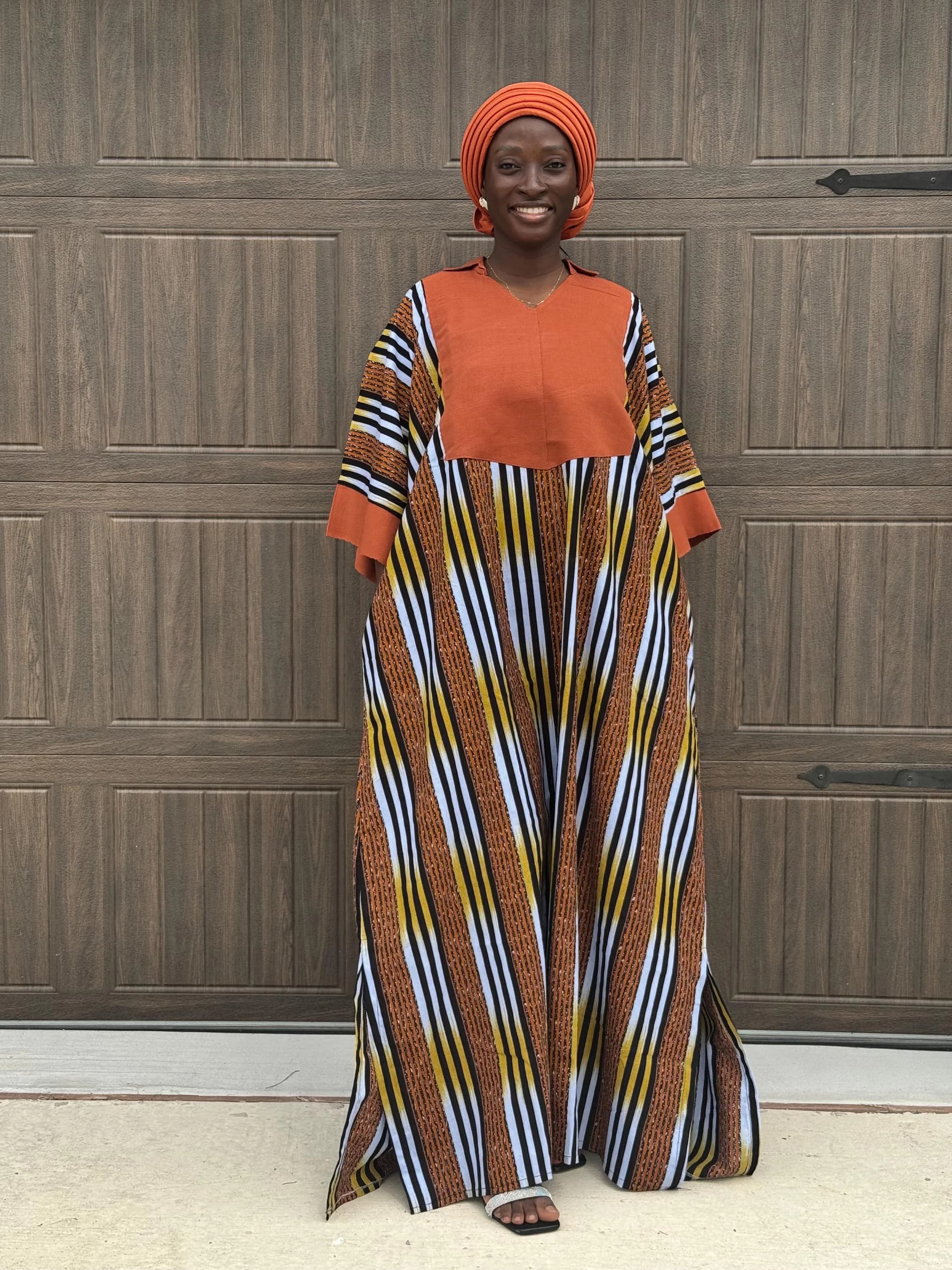 Ankara Bubu Dress with Aso Oke | Orange African Print Maxi Kaftan, Handmade Nigerian Gown - image 3