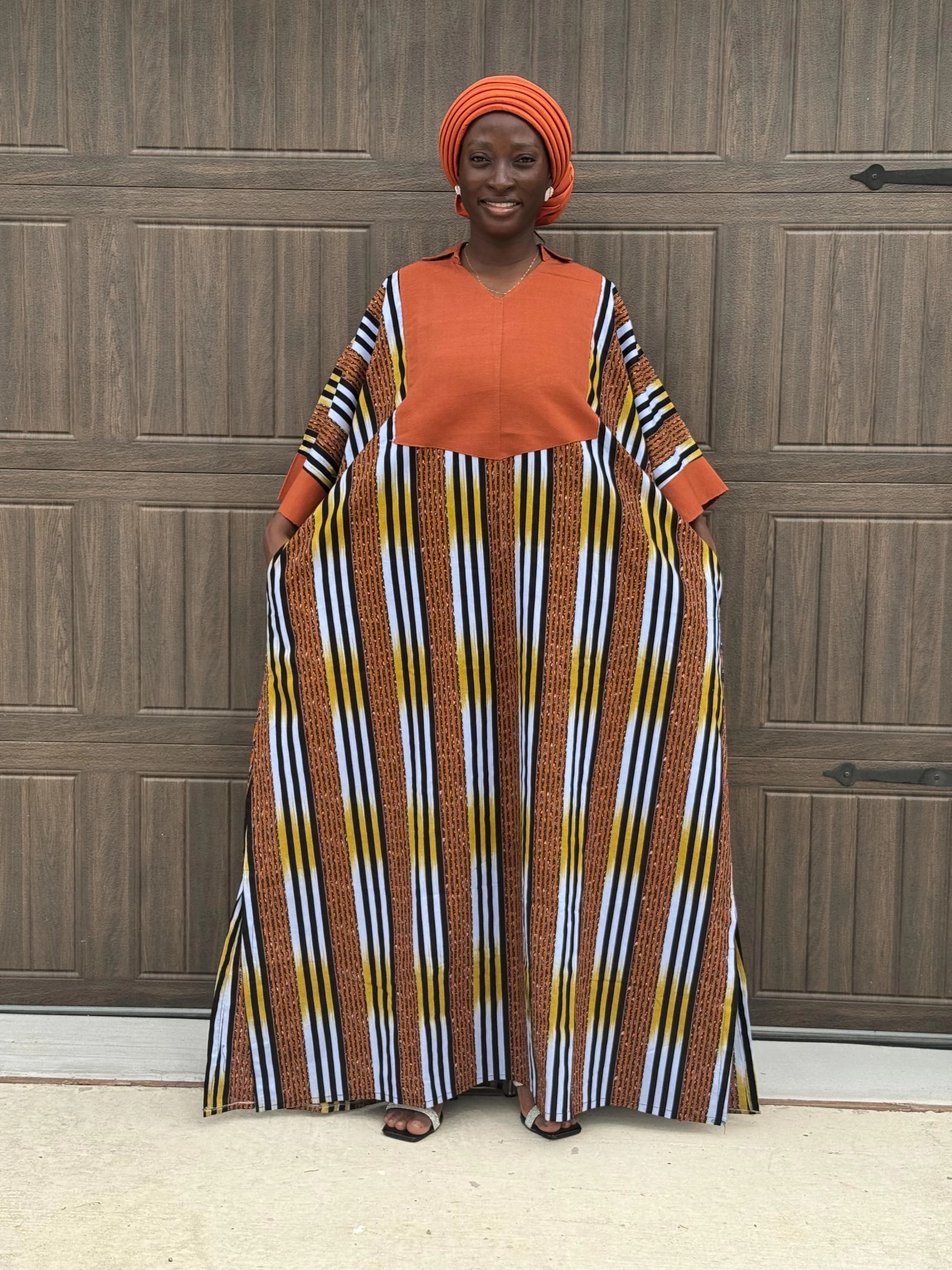Ankara Bubu Dress with Aso Oke | Orange African Print Maxi Kaftan, Handmade Nigerian Gown - image 5