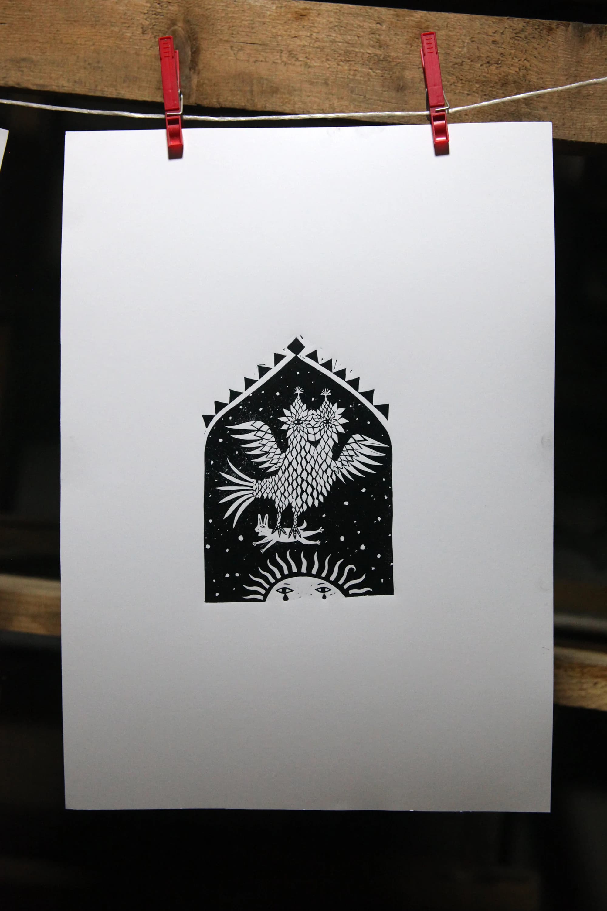 Owl Linocut Print, Owl Hare and Sun Lino Print, Rabbit Memorial - image 4