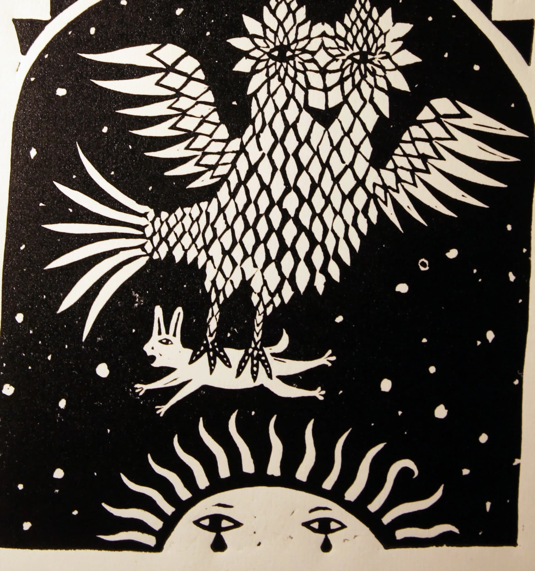 Owl Linocut Print, Owl Hare and Sun Lino Print, Rabbit Memorial - image 3