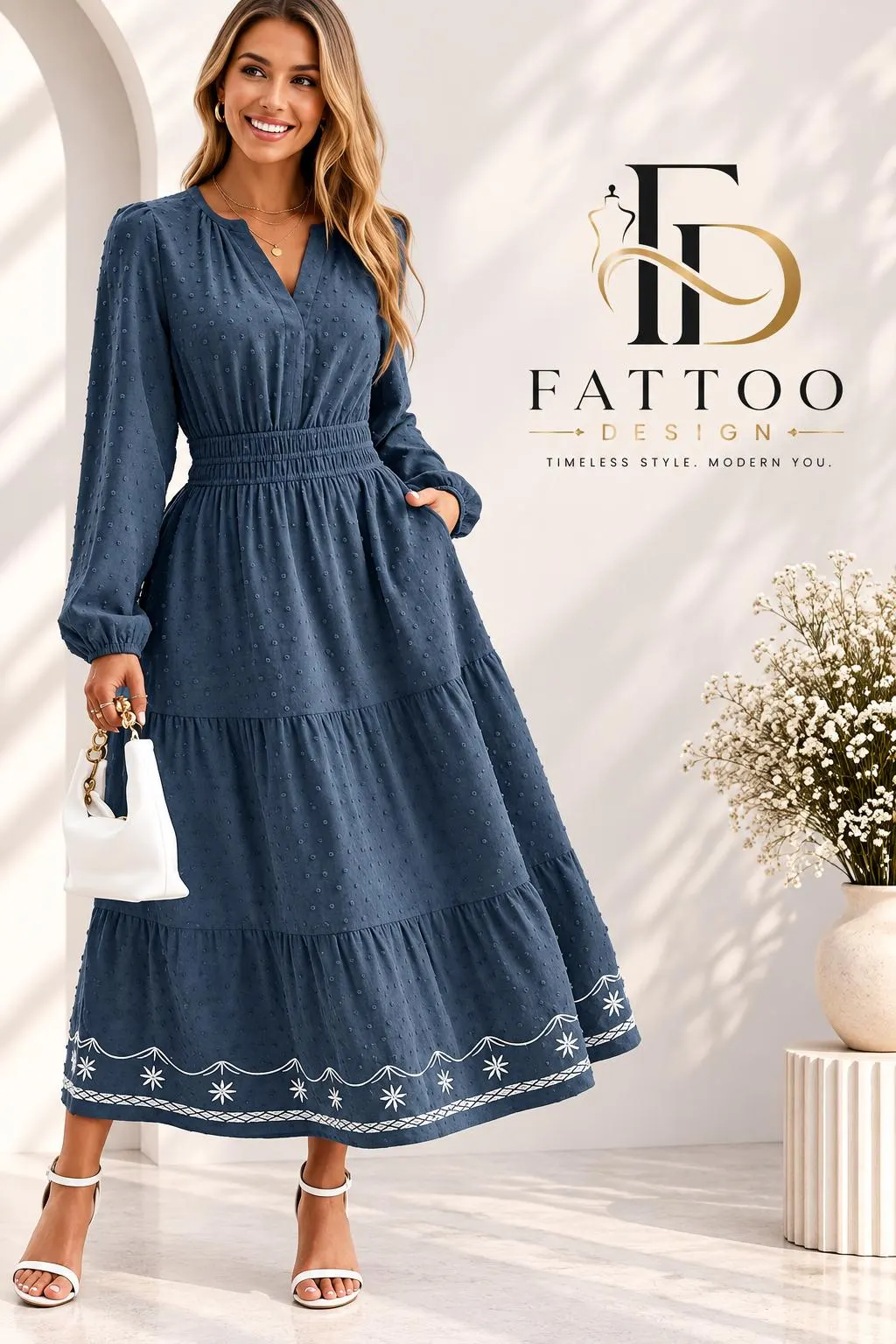 Boho V-Neck Maxi Dress, Long Sleeve Smocked Waist, Tiered Skirt, Pockets Autumn Winter Dress - image 5