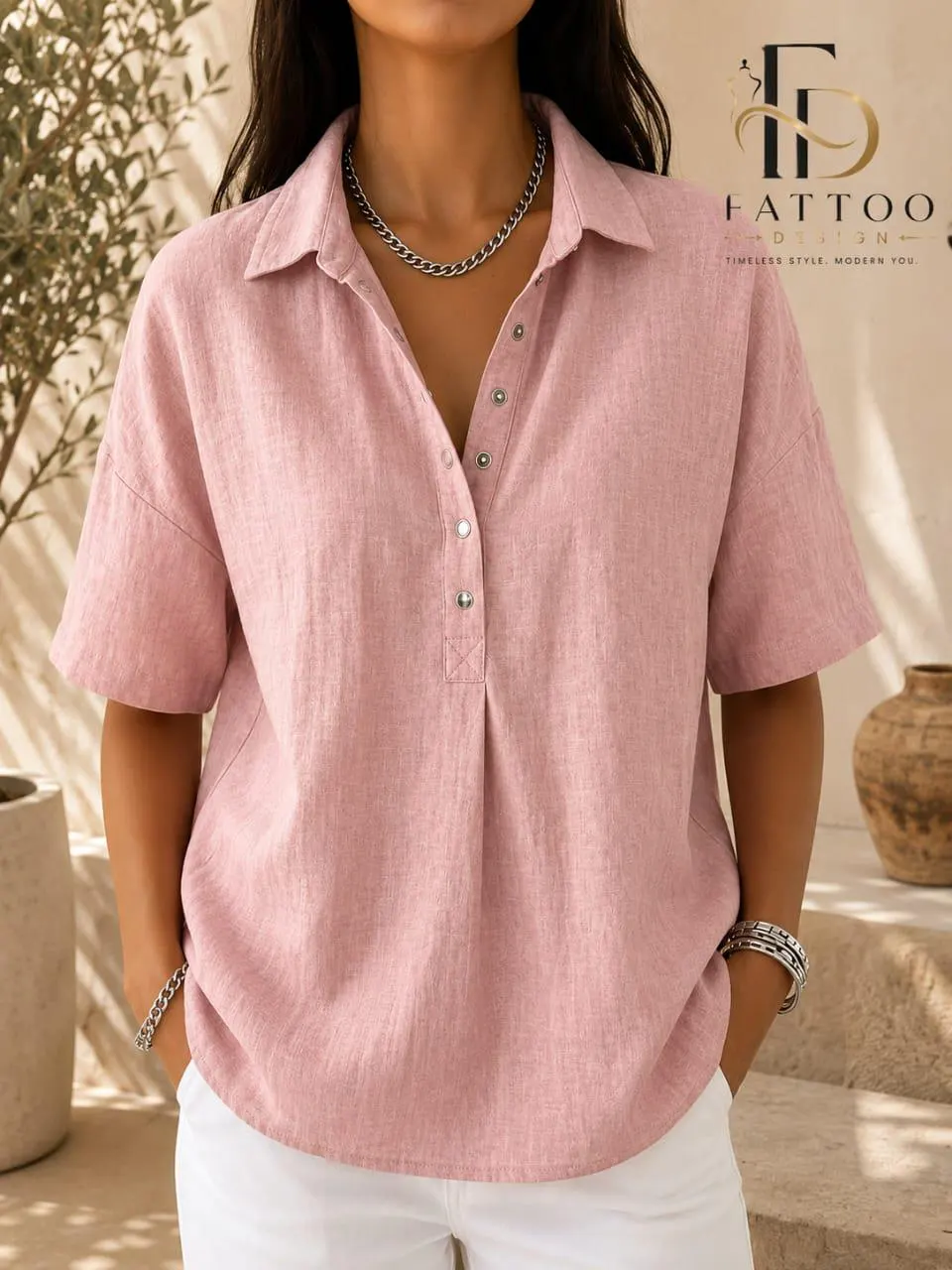 Cotton Linen Blouse, Loose Fit Short Sleeve Tunic, Minimalist Summer Top - image 3