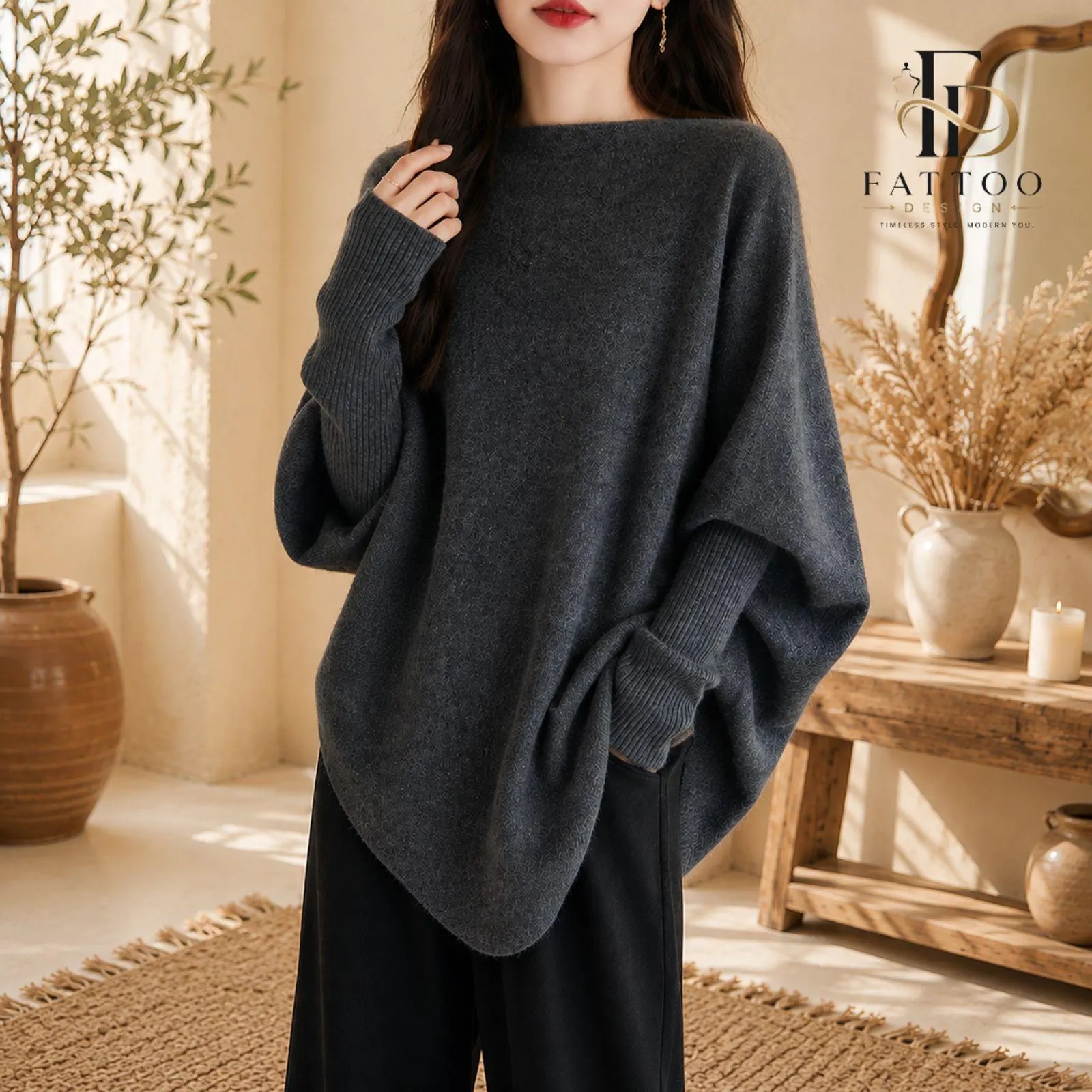 Oversized Batwing Poncho Sweater, Soft Polyester, Asymmetrical Hem, Cream Knit Top - image 4