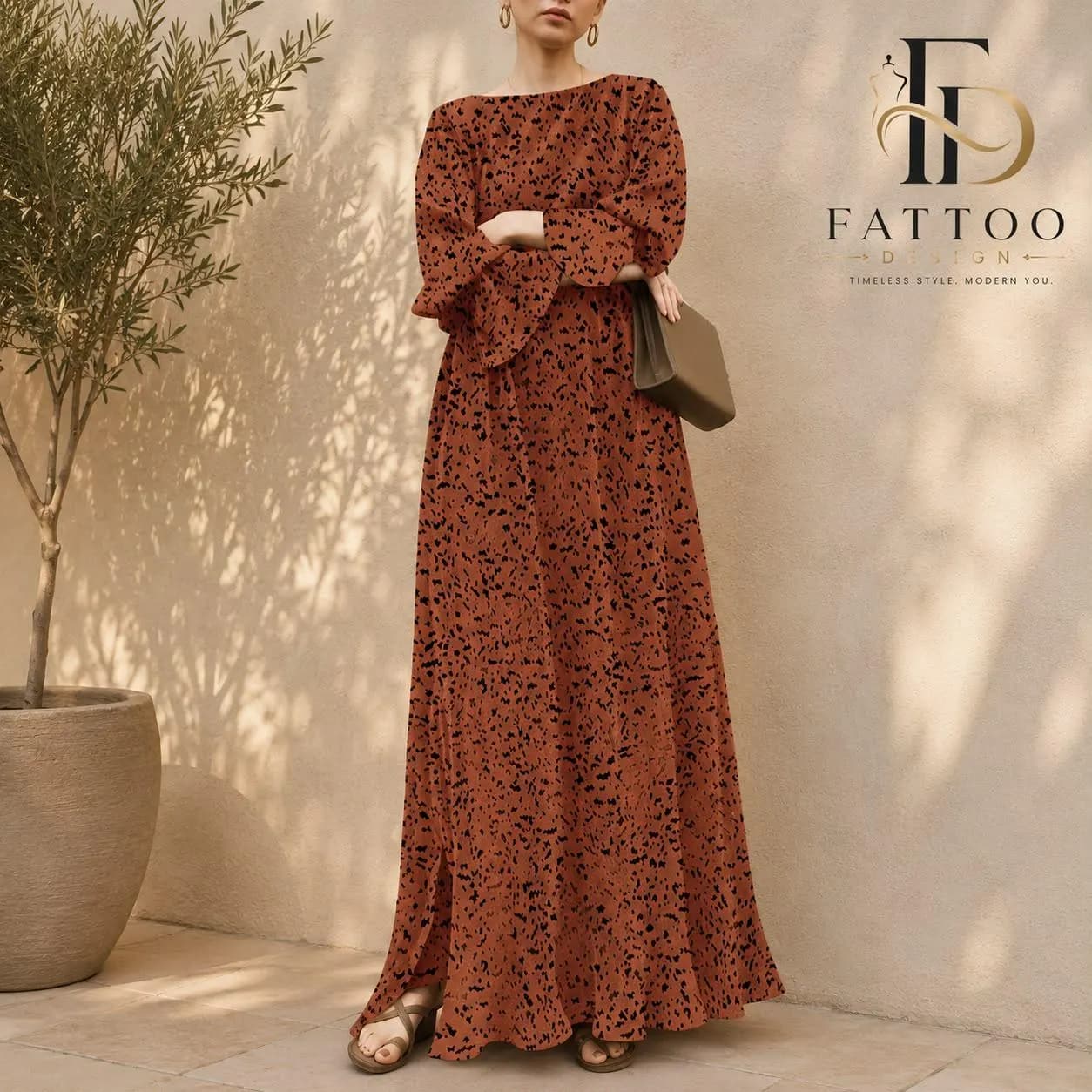 Chiffon Maxi Dress, Long Sleeve, Loose Fit, Minimalist Print, Elegant Flowy Outfit, Casual Wear - image 3