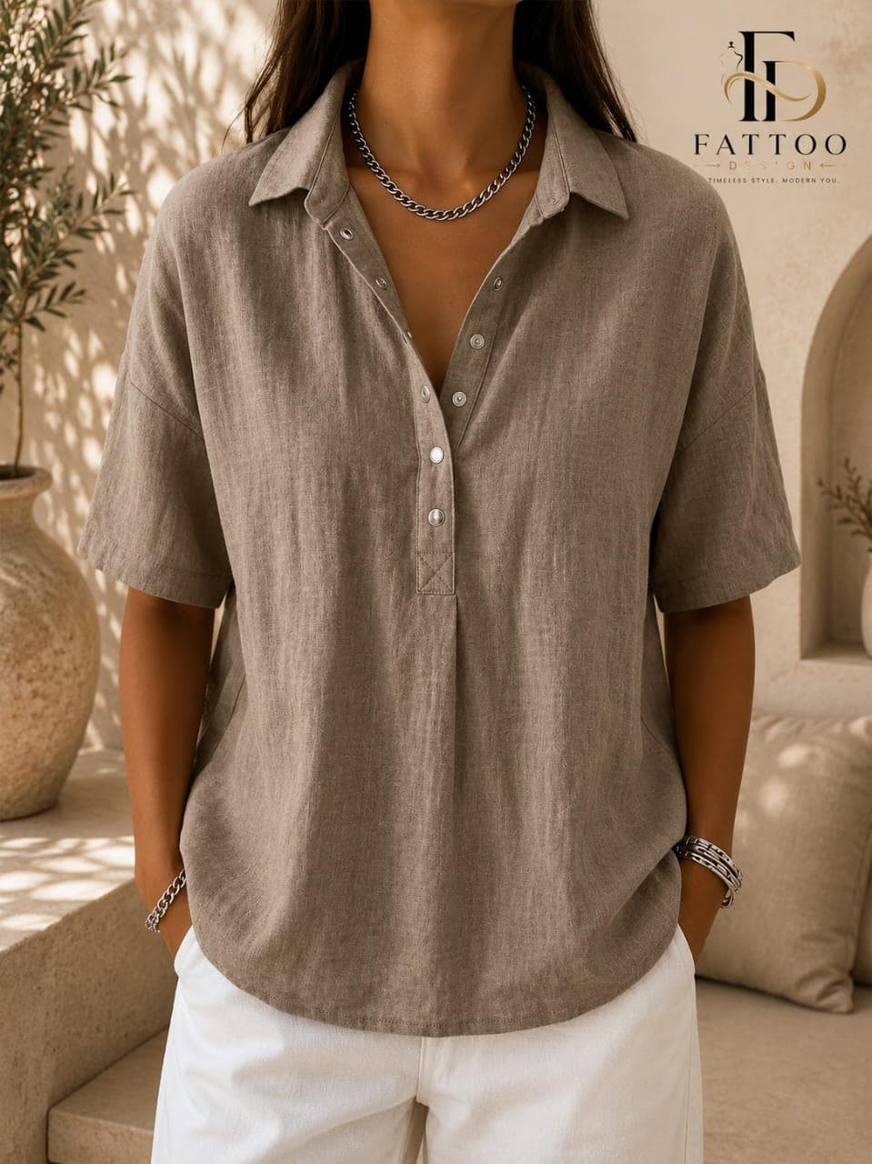 Cotton Linen Blouse, Loose Fit Short Sleeve Tunic, Minimalist Summer Top - image 4
