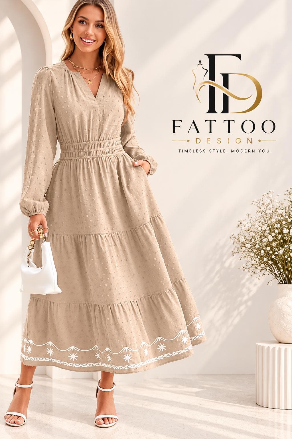 Boho V-Neck Maxi Dress, Long Sleeve Smocked Waist, Tiered Skirt, Pockets Autumn Winter Dress - image 3