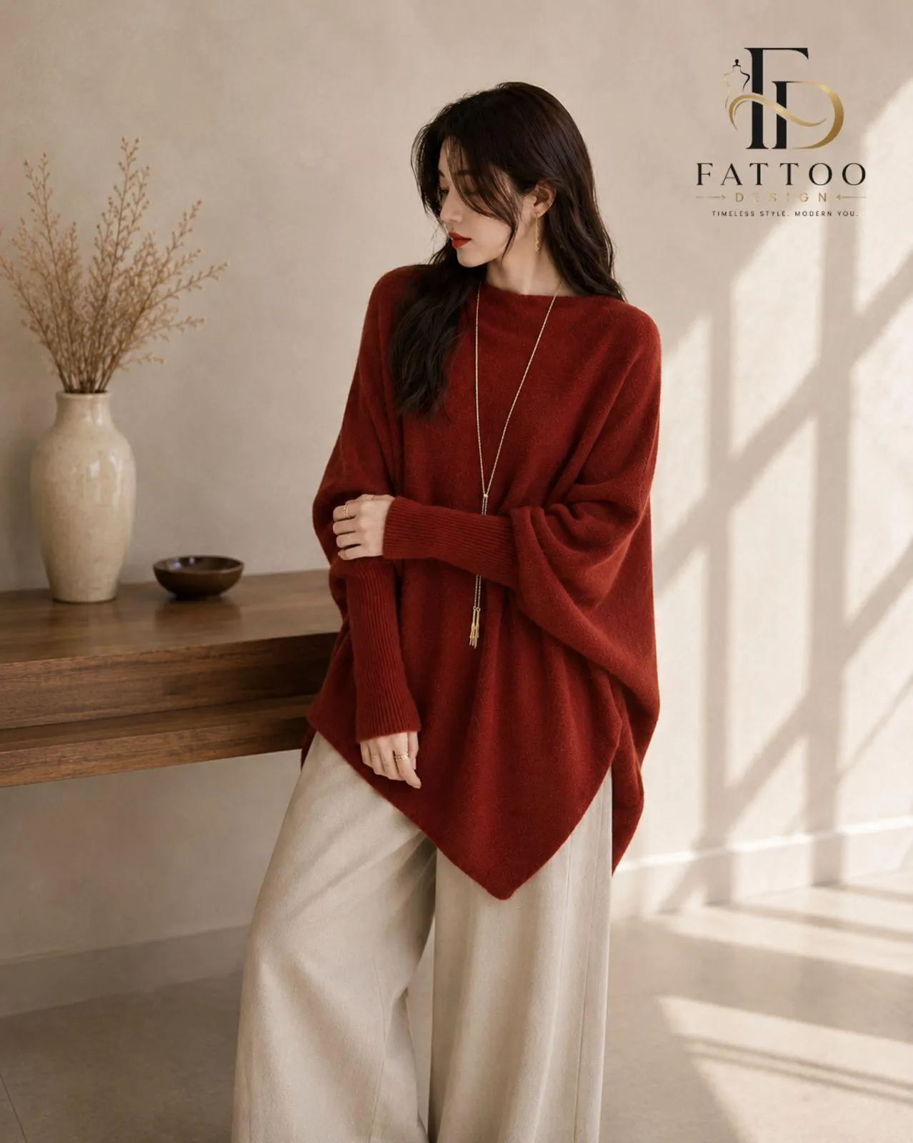 Oversized Batwing Poncho Sweater, Soft Polyester, Asymmetrical Hem, Cream Knit Top - image 3