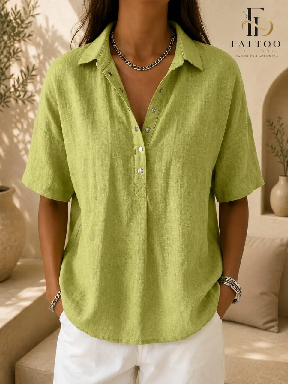 Cotton Linen Blouse, Loose Fit Short Sleeve Tunic, Minimalist Summer Top - image 5