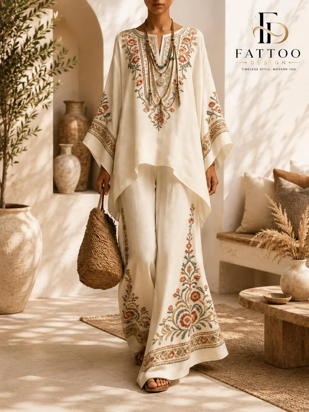 Boho Floral Print Kaftan Palazzo Set, Modest Two-Piece Resort Wear Outfit - image 5