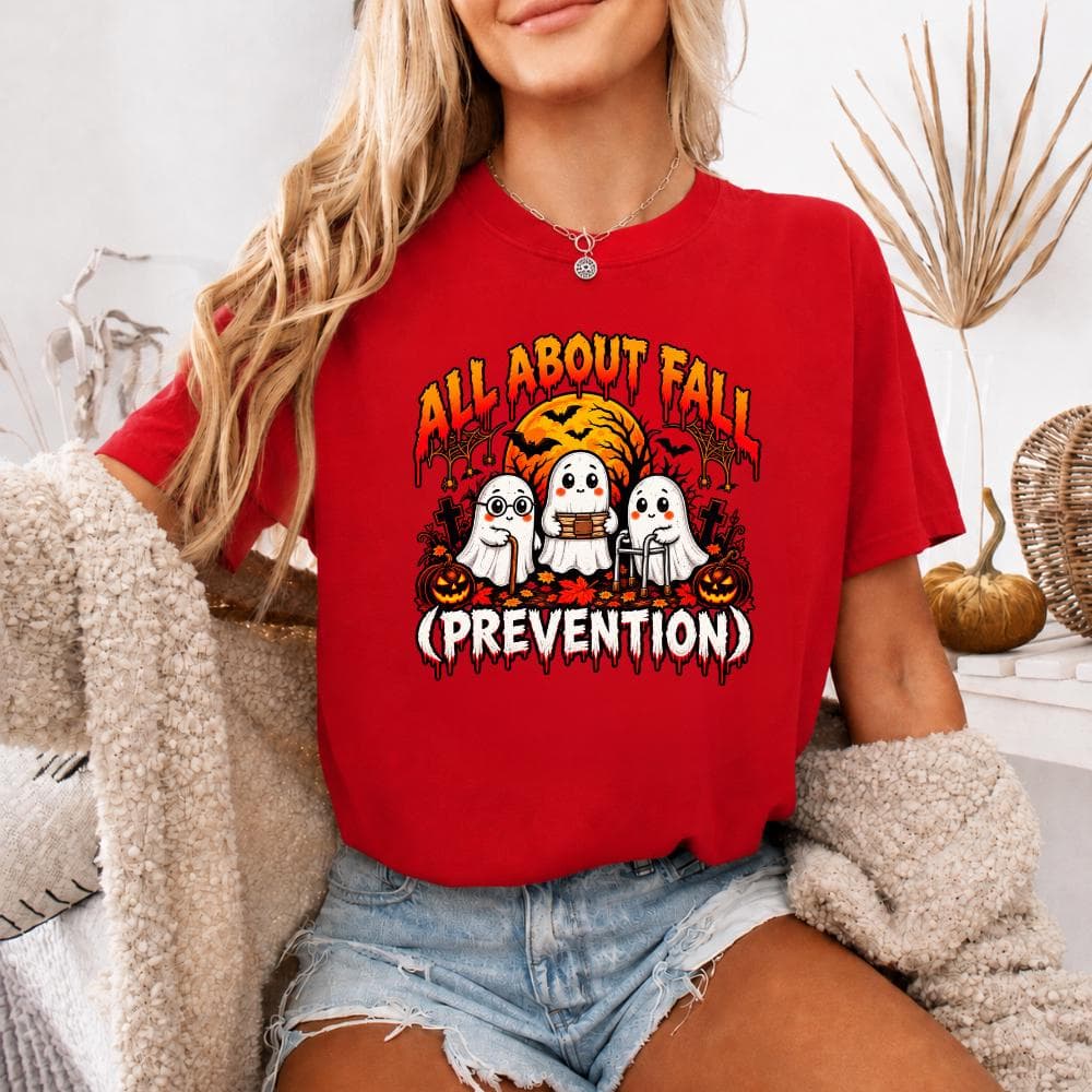 All About Fall Prevention T-Shirt, Funny Halloween Nurse Gift, Fall Prevention Graphic Tee, Cute Ghost Halloween Shirt, Spooky Gift - image 4