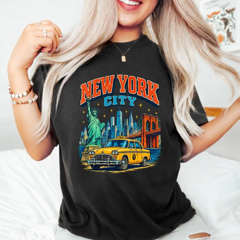 New York City Vintage Travel PNG: NYC Skyline Statue Liberty Taxi Travel png Brooklyn Bridge Retro